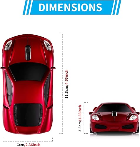 Miniatura 6 de Ratón de computadora de coche deportivo actualizado con faros LED, 1600 DPI 2.4 GHz ratón inalámbrico para PC y Mac, rojo