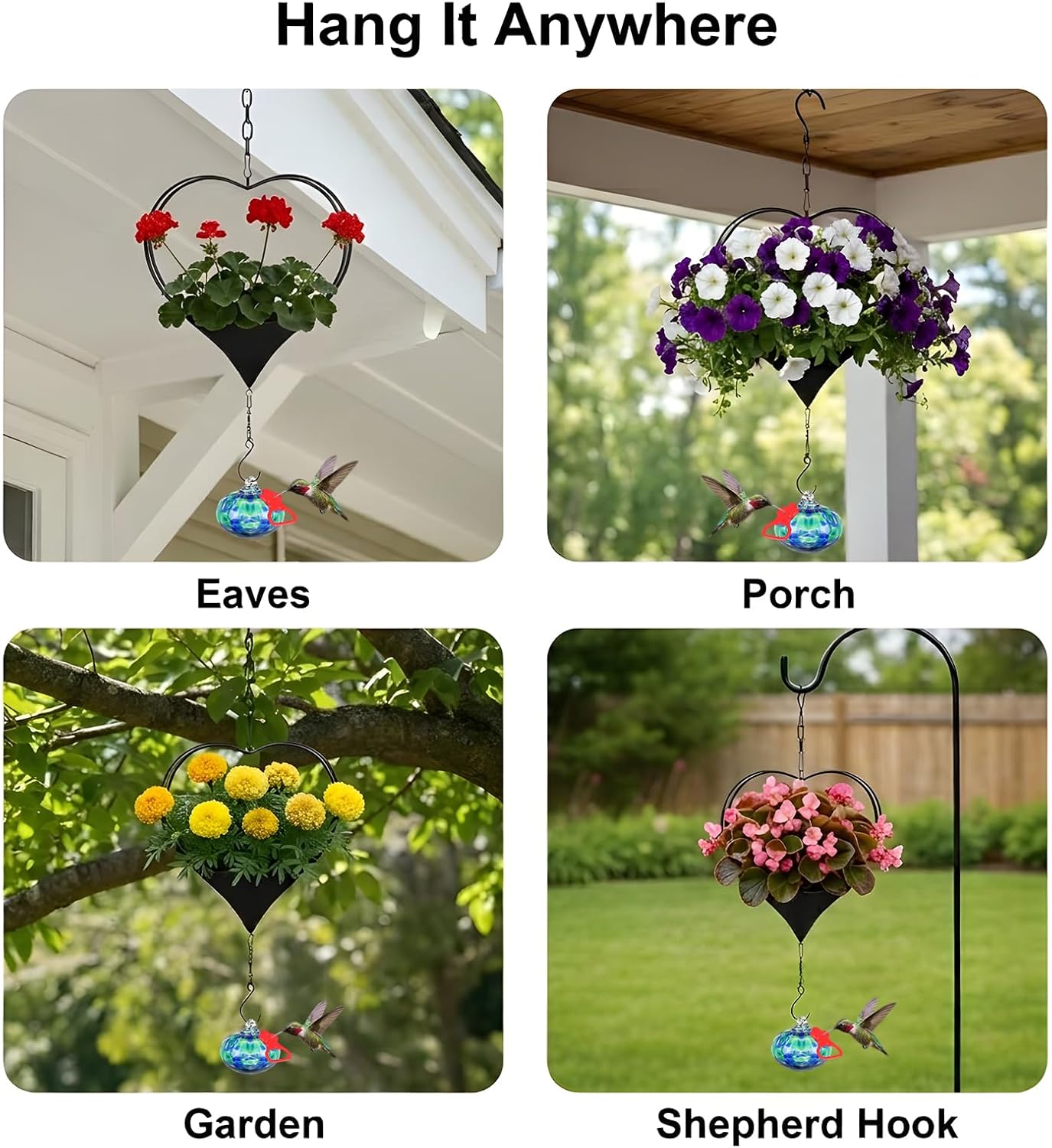 Headak Life Hummingbird Feeder for Outdoors Hanging,Heart Shaped Iron Hanging Planter with Hand Blown Glass Hummingbird Feeder,Leak Proof,Outdoor Garden Decor Gifts for Mom Women Bird Lovers