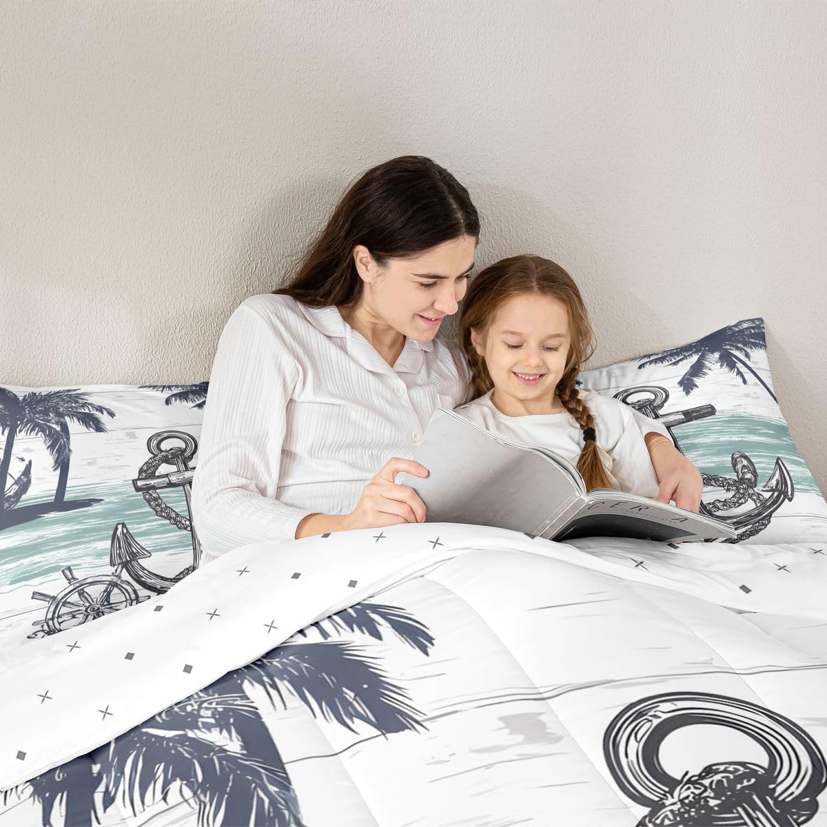 Feelyou Anchor Decor Comforter Set Full Size Kids Leaf Pattern Comforter for Boys Girls Teens Ocean Themed Bedding Set Sea Adventure Duvet Set Ocean Nature Theme Quilt