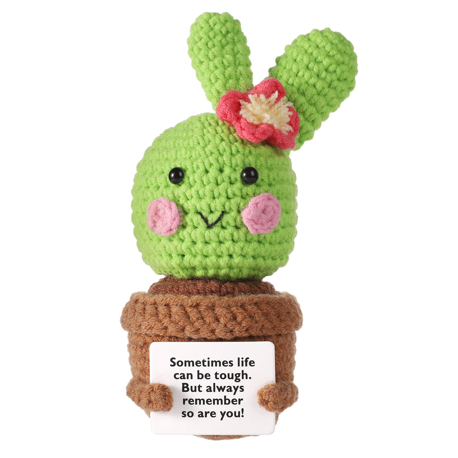 lasuroaPositive Cactus, 5.3 Inch Green Crochet Plants Knitted Doll Toy Funny Life Potato Holding Encouragement Card Small Cactus Decorations for Mexican Fiesta Party Birthday Gift