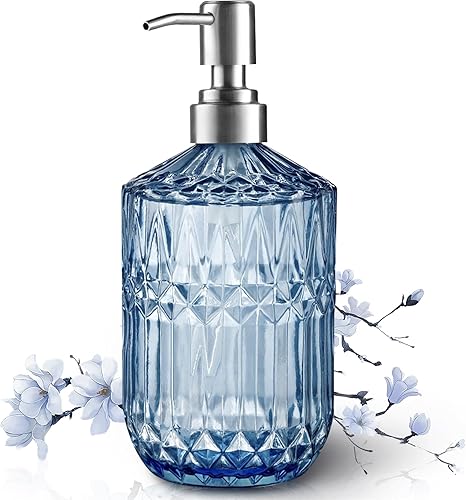 Kaishun Dispensador de jabón recargable de 13 onzas, dispensador de jabón de vidrio para dispensar jabón de manos, jabón para platos, loción (azul)