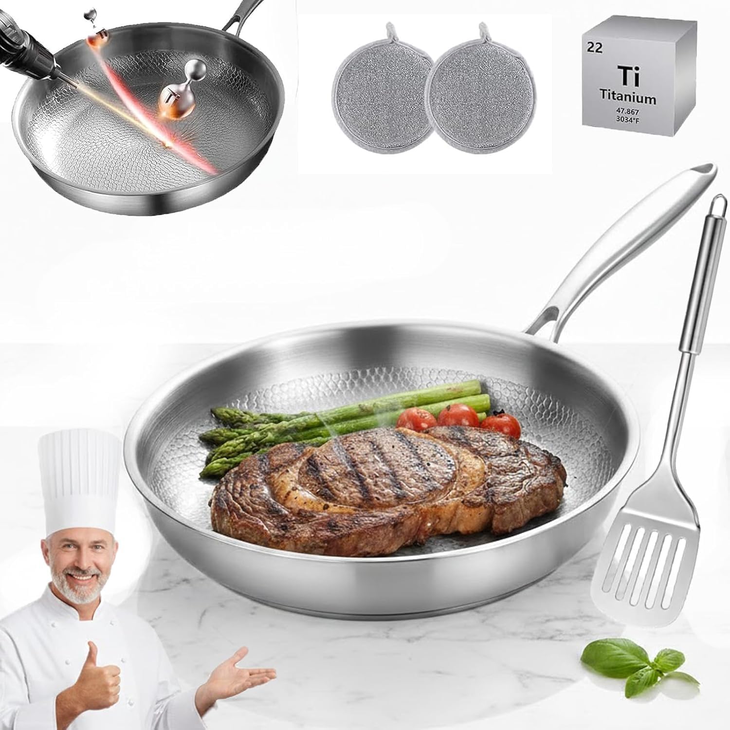 Titanium Pan, 2026 Upgrade Pure Titanium Classic Pan with Lid and Spatula, Scratch-Resistant, No Coating Nonstick Frying Pan for Cooking, Professional Grade Kitchen Essentials (With Lid, 11.02in)