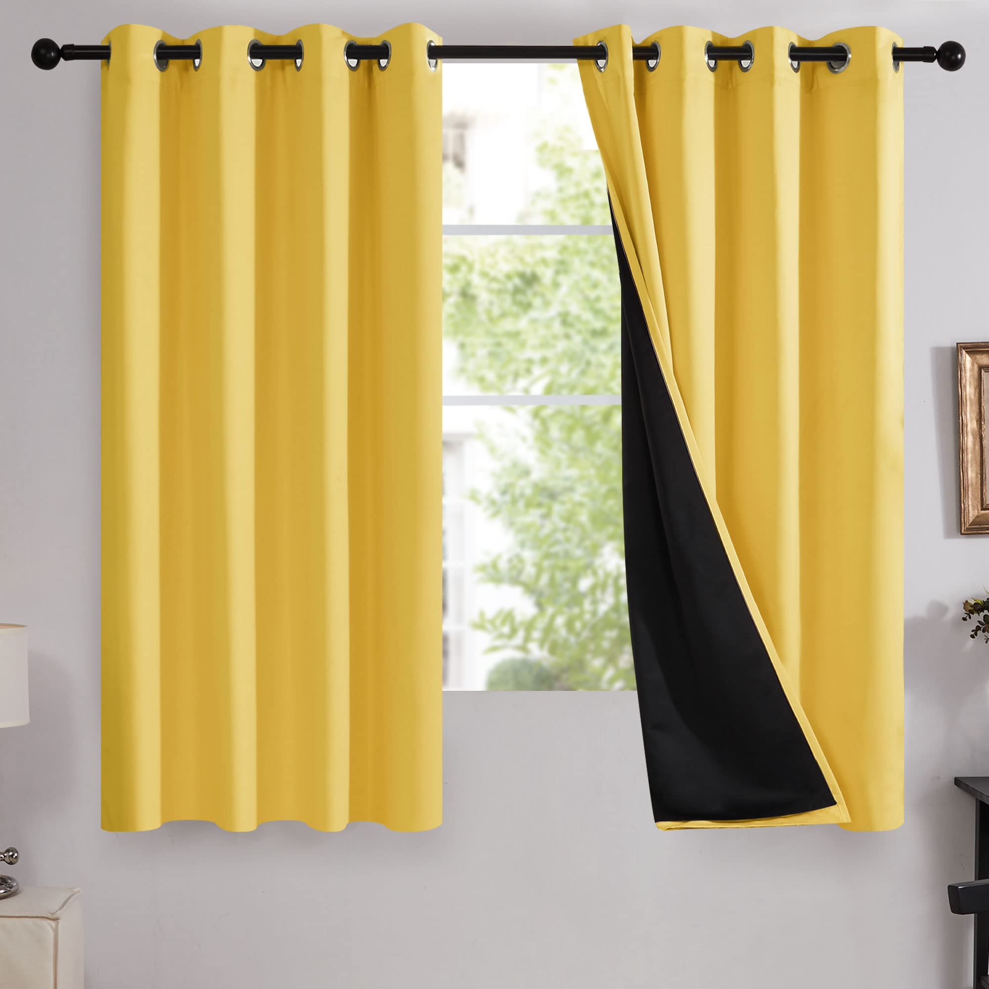 Deconovo 100% Blackout Curtain 63 Inch Length 2 Panels, Thermal Insulated Window Drapes, Full Sunlight Blocking Spring Curtain Drapes for Rooms (2 Pieces, 52W x 63L Inch, Yellow)