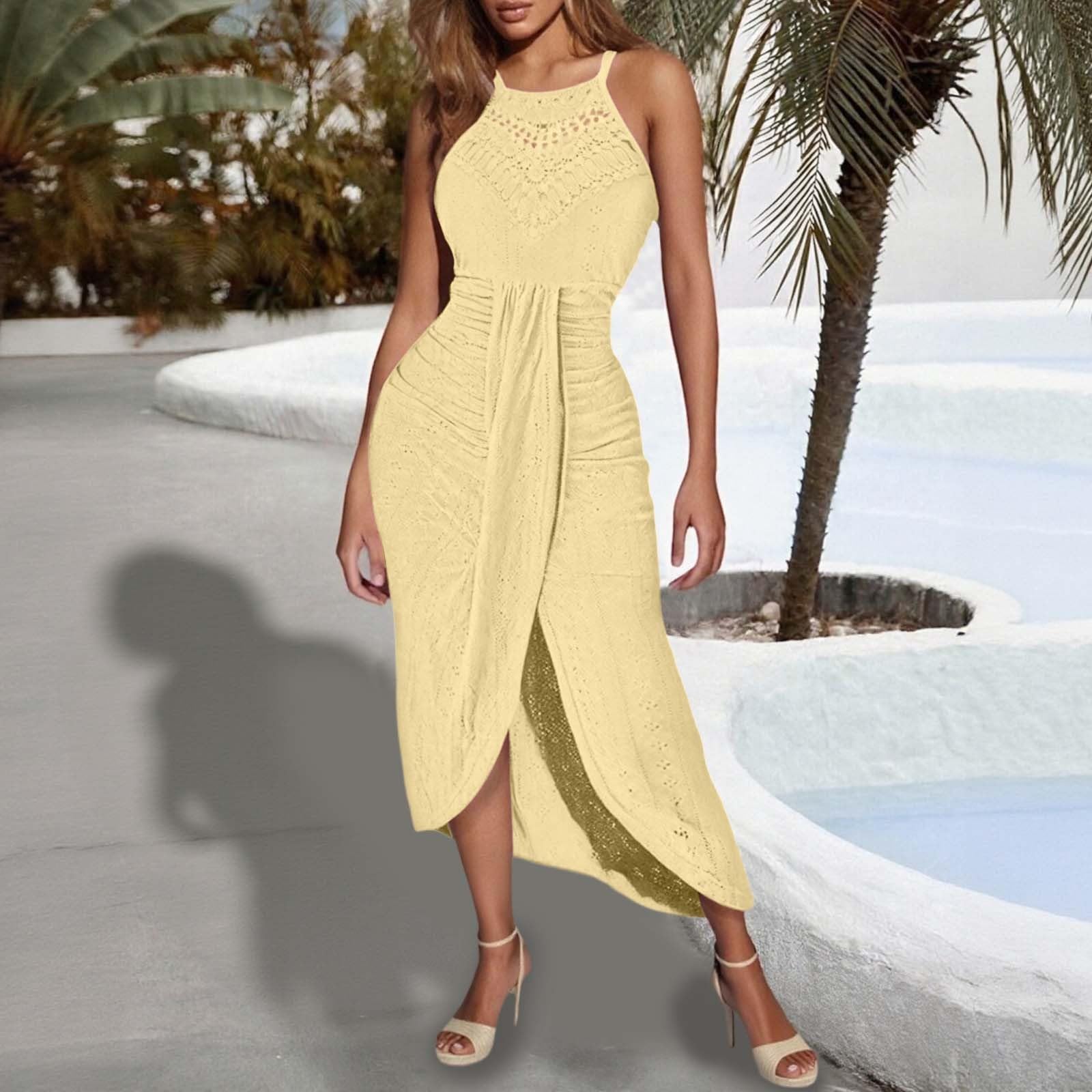 Vestido Casual De Verano for Mujer, Sin Mangas, Ahuecado, Espalda, Tirantes, Corbata, Abertura Lateral, Cómodo, Transpirable, Fluido, Fiesta, Uso Diario