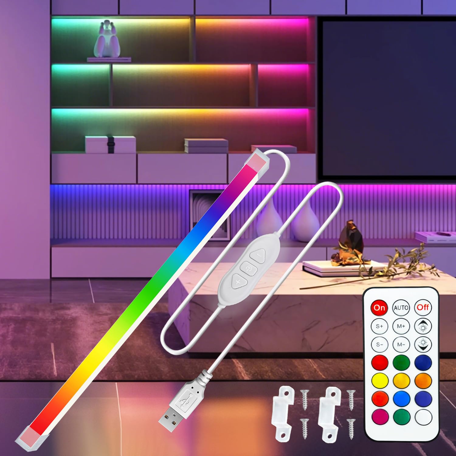 MDee Under Cabinet LED Strip Lights 5V, RGB COB LED Strips, 8W Colour Changing USB Strip Light with Remote, Dimmable, 800LM, Flexible, Ideal for TV, Cupboard, Wardrobe, Kitchen, Shelf, Closet, 0.3M