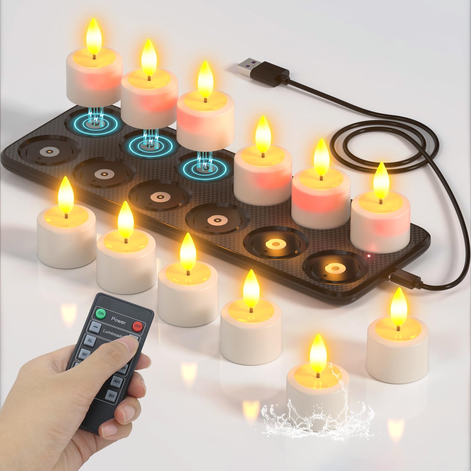 SoulBay LED Teelichter Wiederaufladbar Outdoor mit Fernbedienung & Timer | 12er Wasserdichte Elektrische Teelichter LED Kerzen Aufladbar mit Ladestation für Zimmer Badezimmer Wohnzimmer Halloween Deko