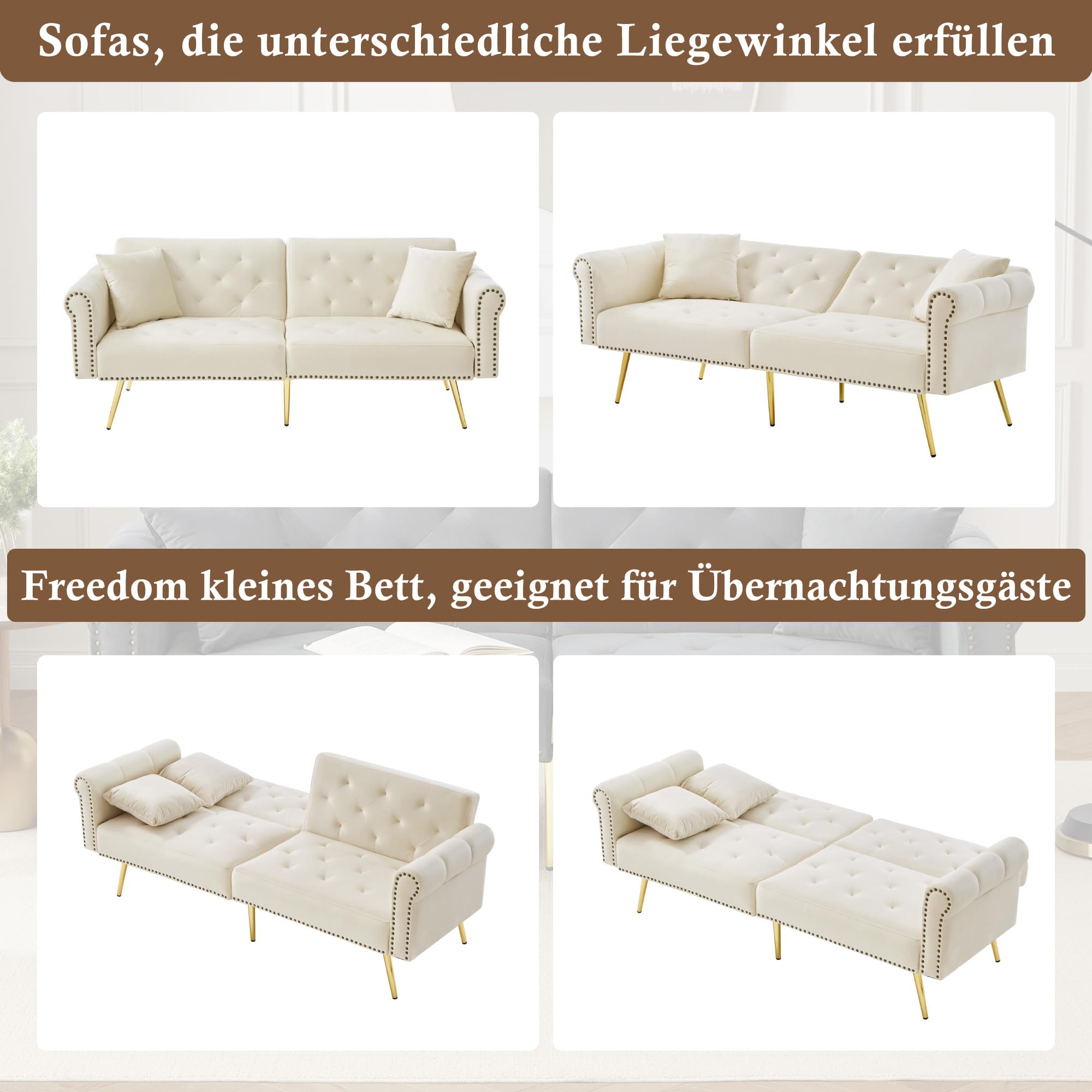 Divano Moderno a 2 Posti, Divano Letto in Velluto Beige, Schienale Regolabile a 3 Livelli, Piedini in Metallo Dorati, Ideale per Piccoli Spazi