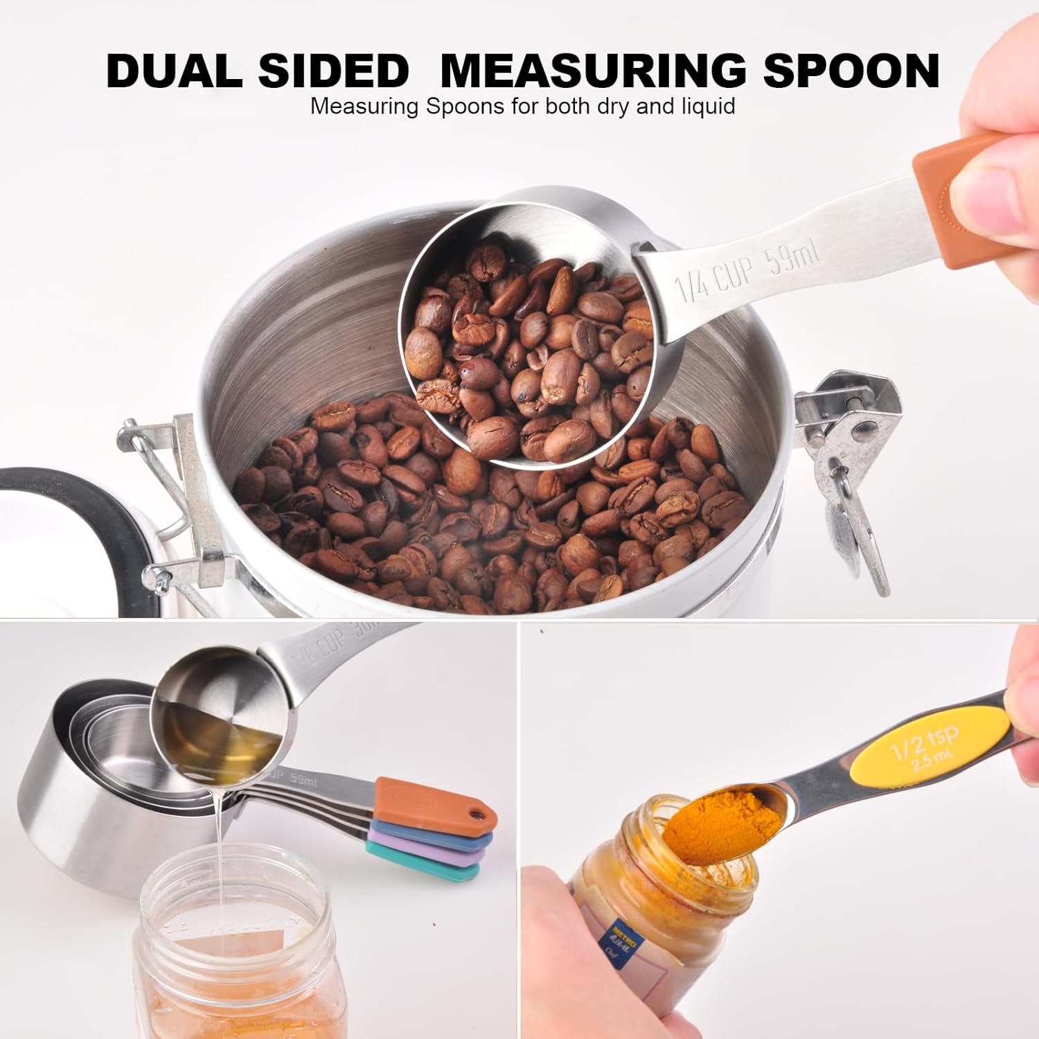 13-Piece All-Magnetic Measuring Cups and Spoons Set, 430 Stainless Steel Metal Measuring Cup and Spoon Set with Silicone Handles & Leveler for Baking Cooking (Multi-color)