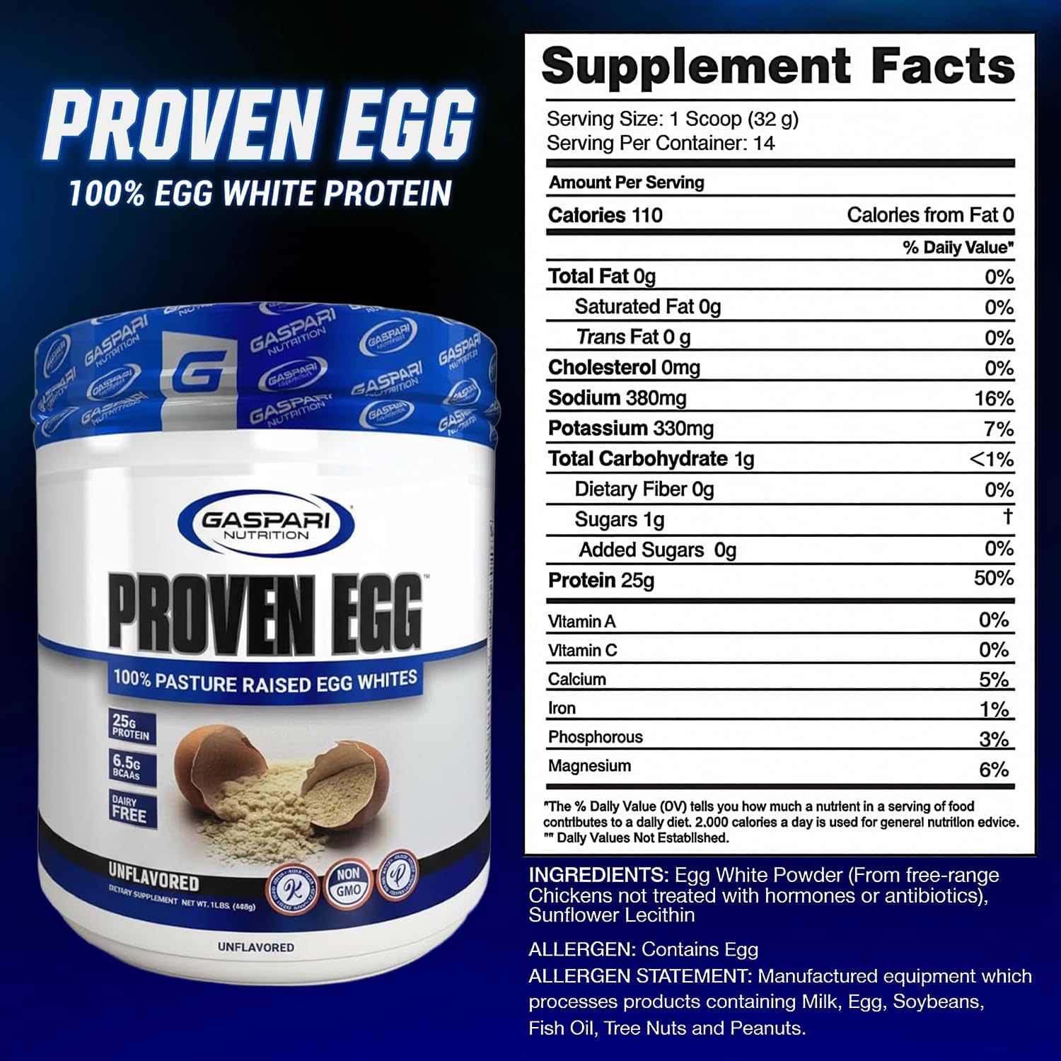 Gaspari Nutrition Proven Egg, 100% Egg White Protein, 25g Protein, Keto Friendly, Dairy Free, Lactose Free, Soy Free (1lb, Unflavored)