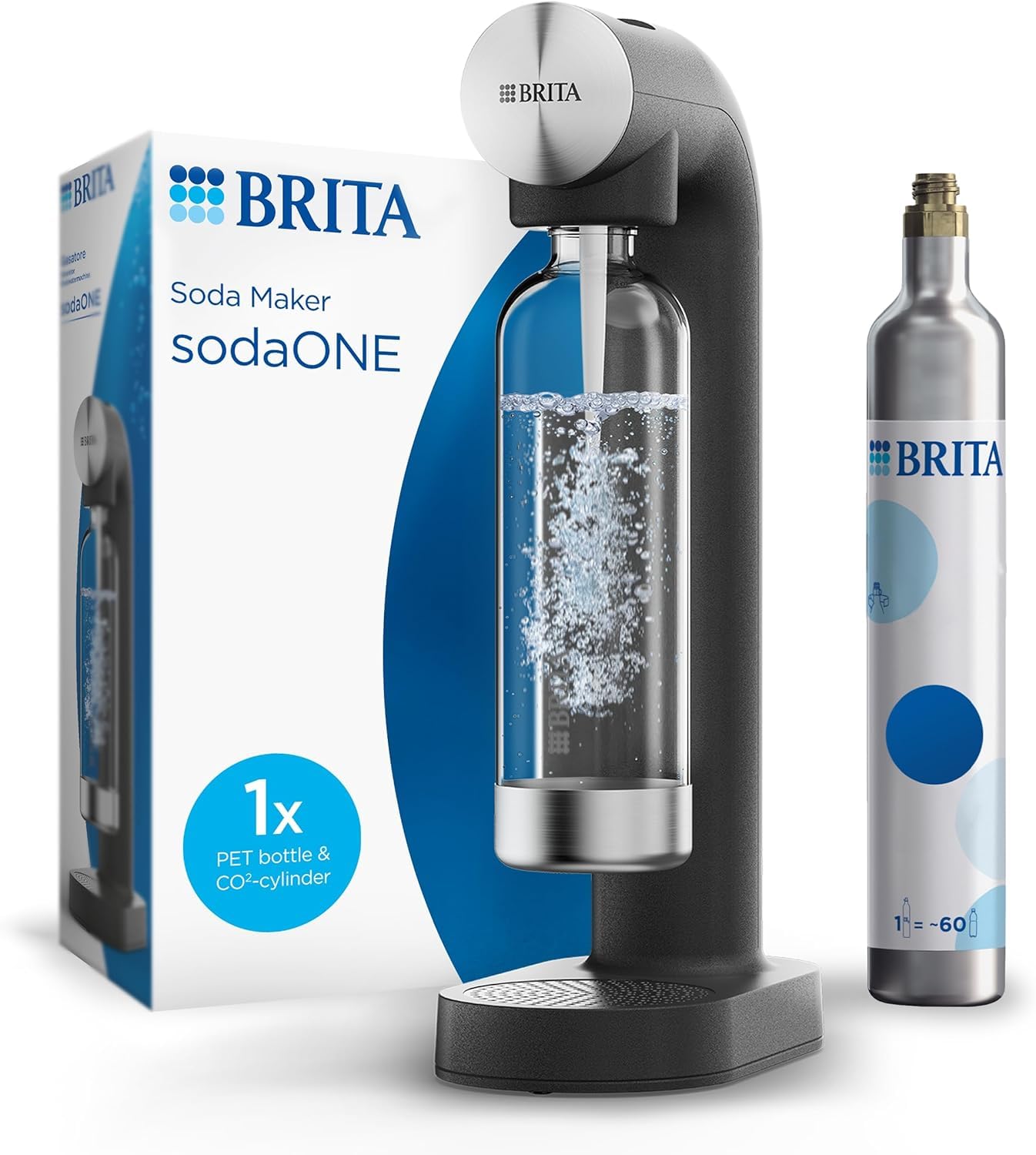 BRITA Wassersprudler sodaONE (schwarz) inkl. CO₂-Zylinder und BPA-freier PET-Flasche | Macht aus Trinkwasser spritziges Sprudelwasser (bis zu 60l pro Zylinder) – Trinkwassersprudler für zuhause