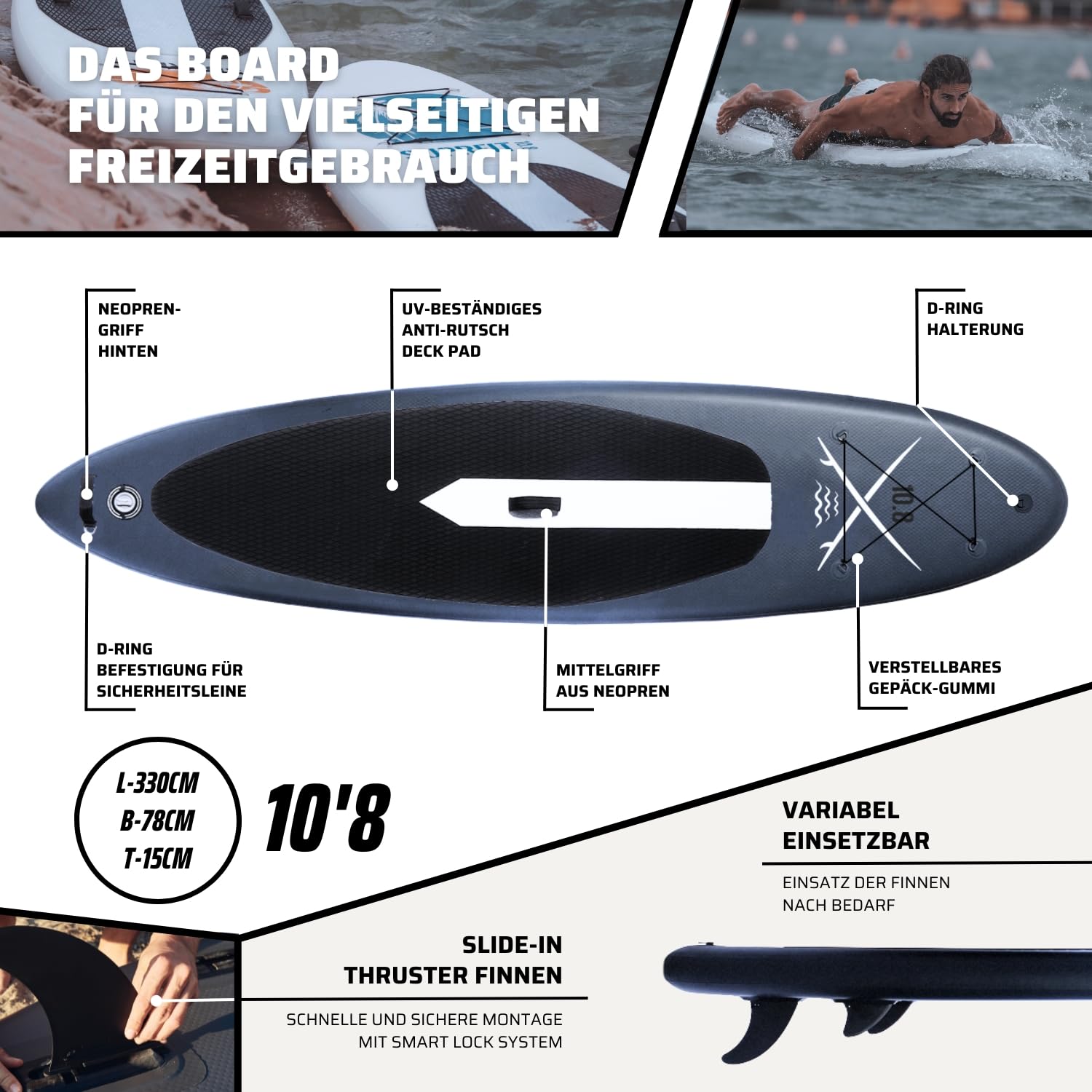 SUPRFIT Tabla de paddling Stand Up Surfit como juego completo inflable, tabla de remo con doble capa de PVC, paddle stand-up, tabla de paddle Stand Up hasta un máximo de 150 kg