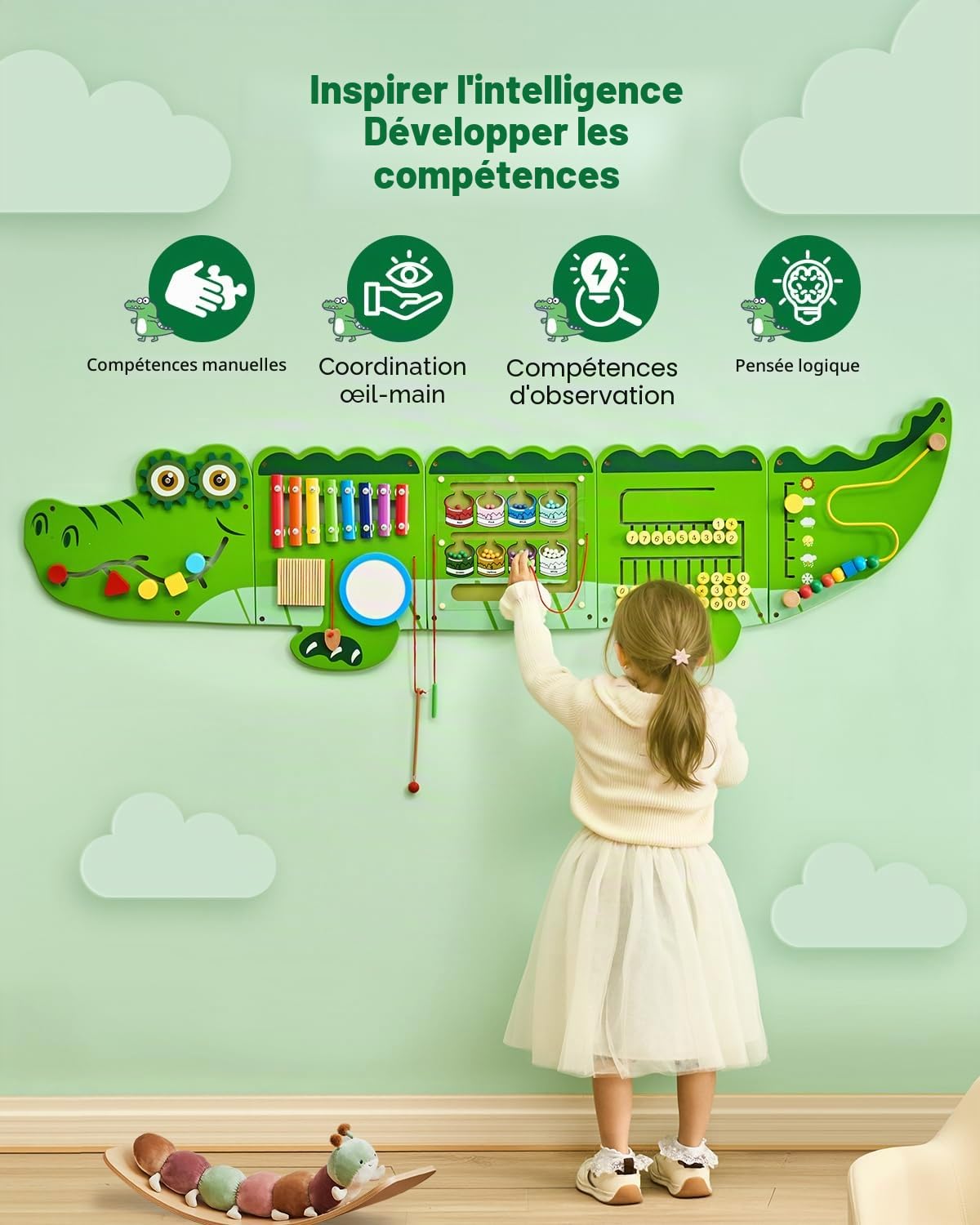 VEVOR Panneau Mural Sensoriel Crocodile pour Enfants, Tableau d'Activités Montessori avec 9 Jeux, Jouet Éducatif Interactif pour Enfants de 3 à 12 Ans, Crèche, Garderie, Maternelle, Salle de Jeux