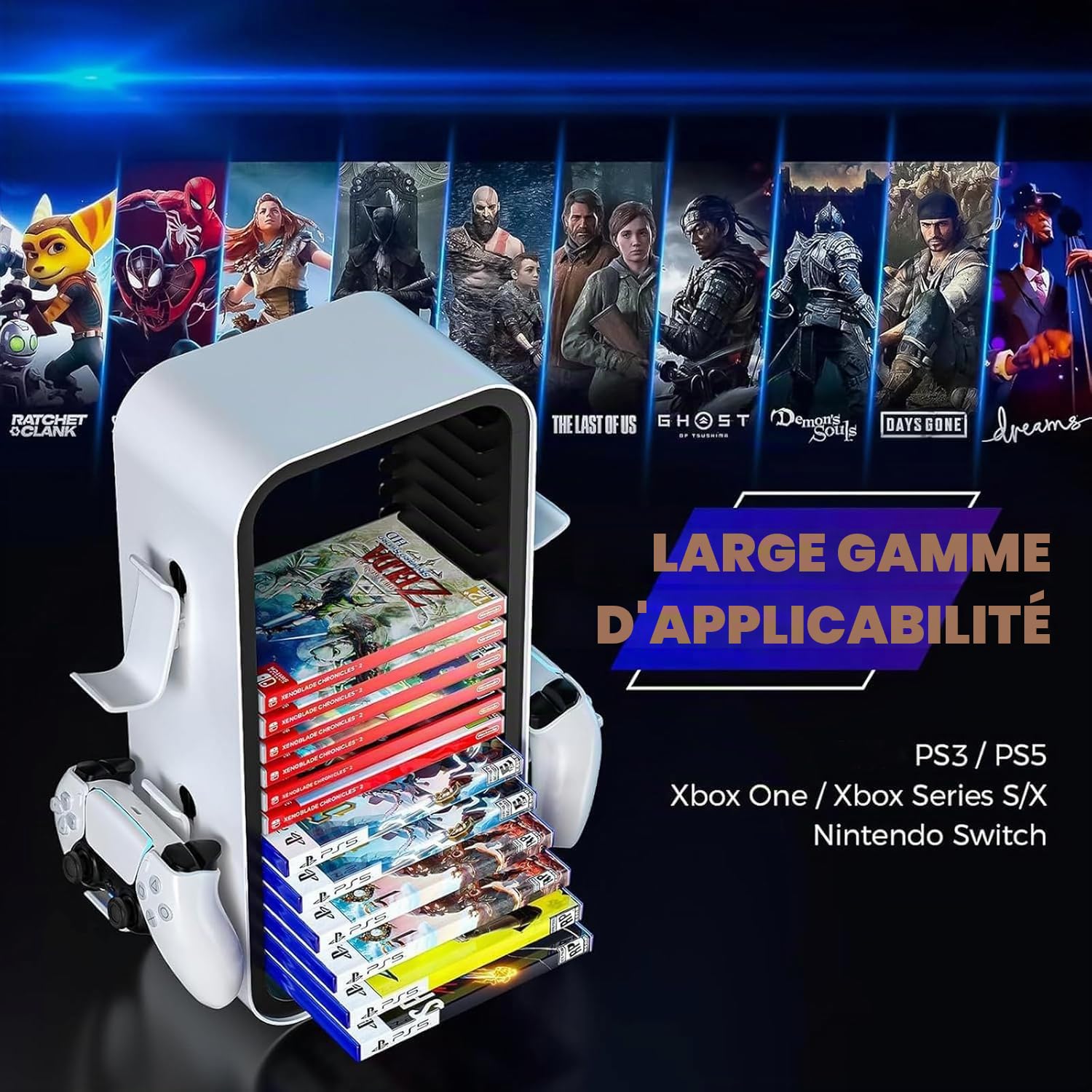Tour de stockage de jeux, organisateurs universels de disques de jeu, stocke 18 jeux avec 4 supports de manette pour jeux PS5/PS4/Xbox One/Xbox Series S&X/Nintendo