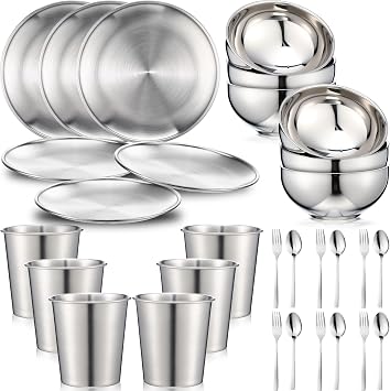Jinei 30 Pcs 304 Stainless Steel Dinner Set Stainless Steel Plates and Bowls Include Plates Bowls Cups Forks Spoons Utensil Reusable Metal Camping Dinnerware Tableware for Home Picnic KitchenSilver