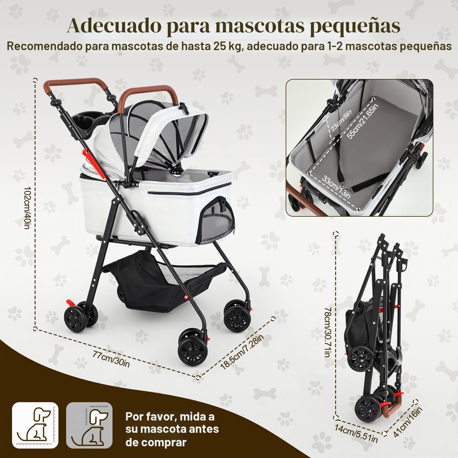 Cochecito para perros 3 en 1, cochecito para perros medianos plegable, hasta 20 kg, con espacio de almacenamiento, carrito para perros con asiento de coche extraíble y compartimento para