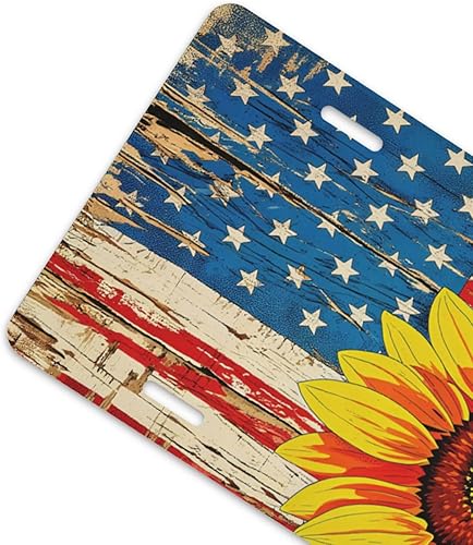 Miniatura 2 de Placa de matrícula frontal retro con bandera estadounidense de girasol para mujer, placas decorativas de aluminio de metal, bonita cubierta de
