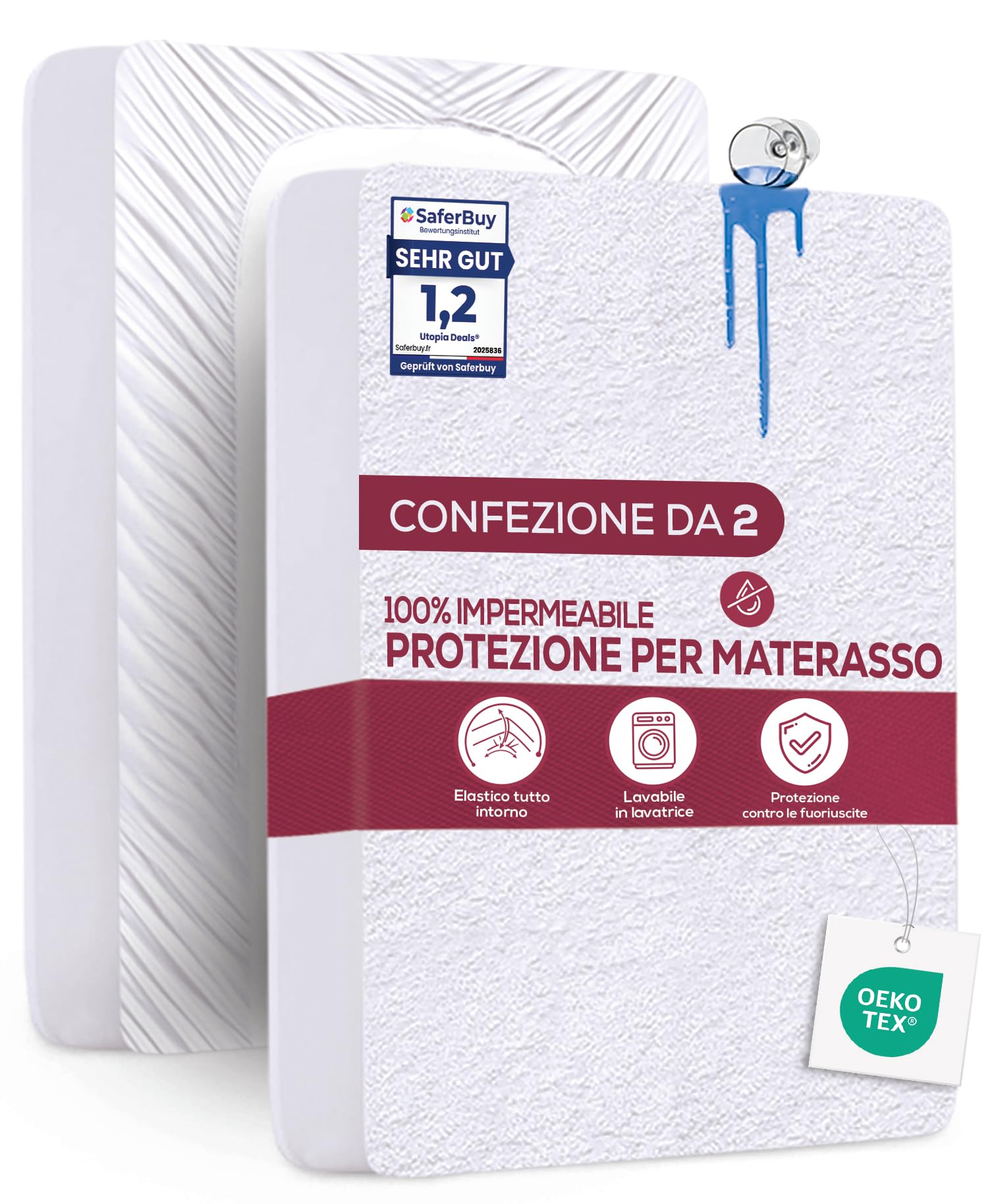 Utopia Bedding Coprimaterasso Matrimoniale Impermeabile 160 x 200 x 30 cm (Confezione da 2), Certificato OEKO-TEX, Proteggi Materasso, Traspirante, Lavabile, Stile Montato Tutto Intorno Elastico