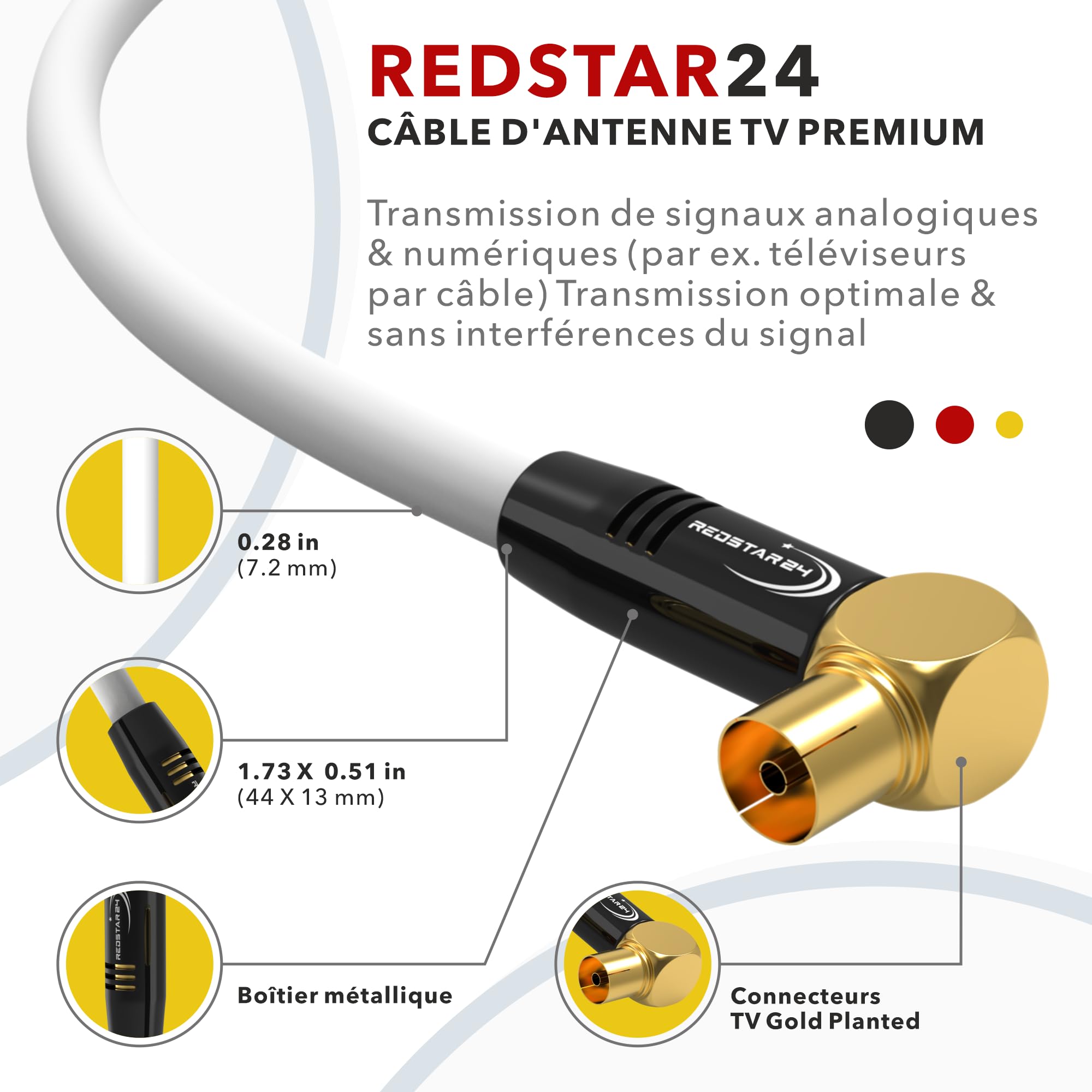 RedStar24 Câble d'antenne coaxial HDTV de 1,5 m blanc - Coudé à 90° - Mâle vers femelle - Câble coaxial HDTV de qualité supérieure pour télévision par câble - Câble TV : compatible avec TV, radio