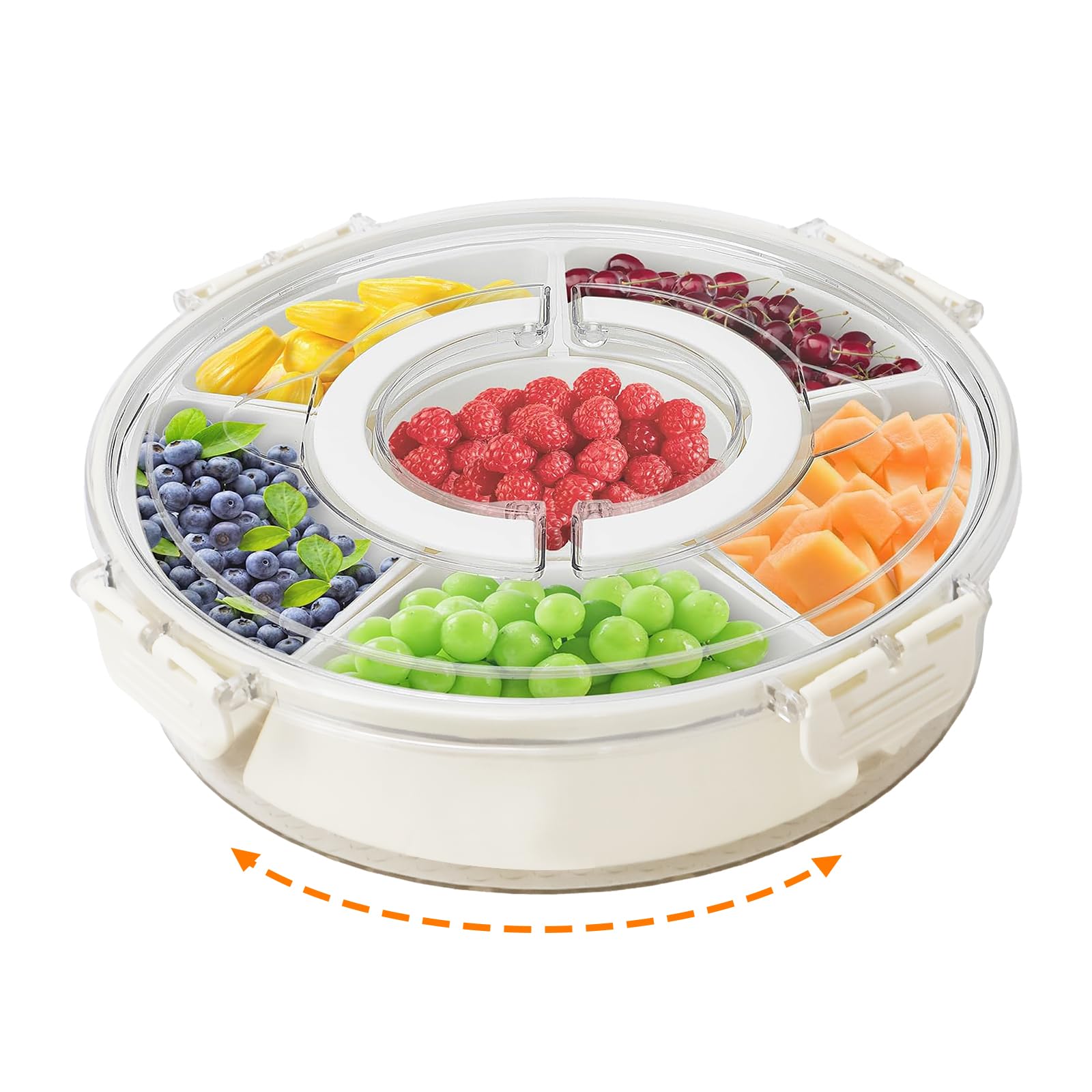 Snackbox mit Fächern, PP-Material Rund Spinner Snackbox Kinder mit 6 Fächern, Herausnehmbare Snackteller mit Deckel und Griff, Picknick Box für SüßIgkeiten Obst Gemüse -Round