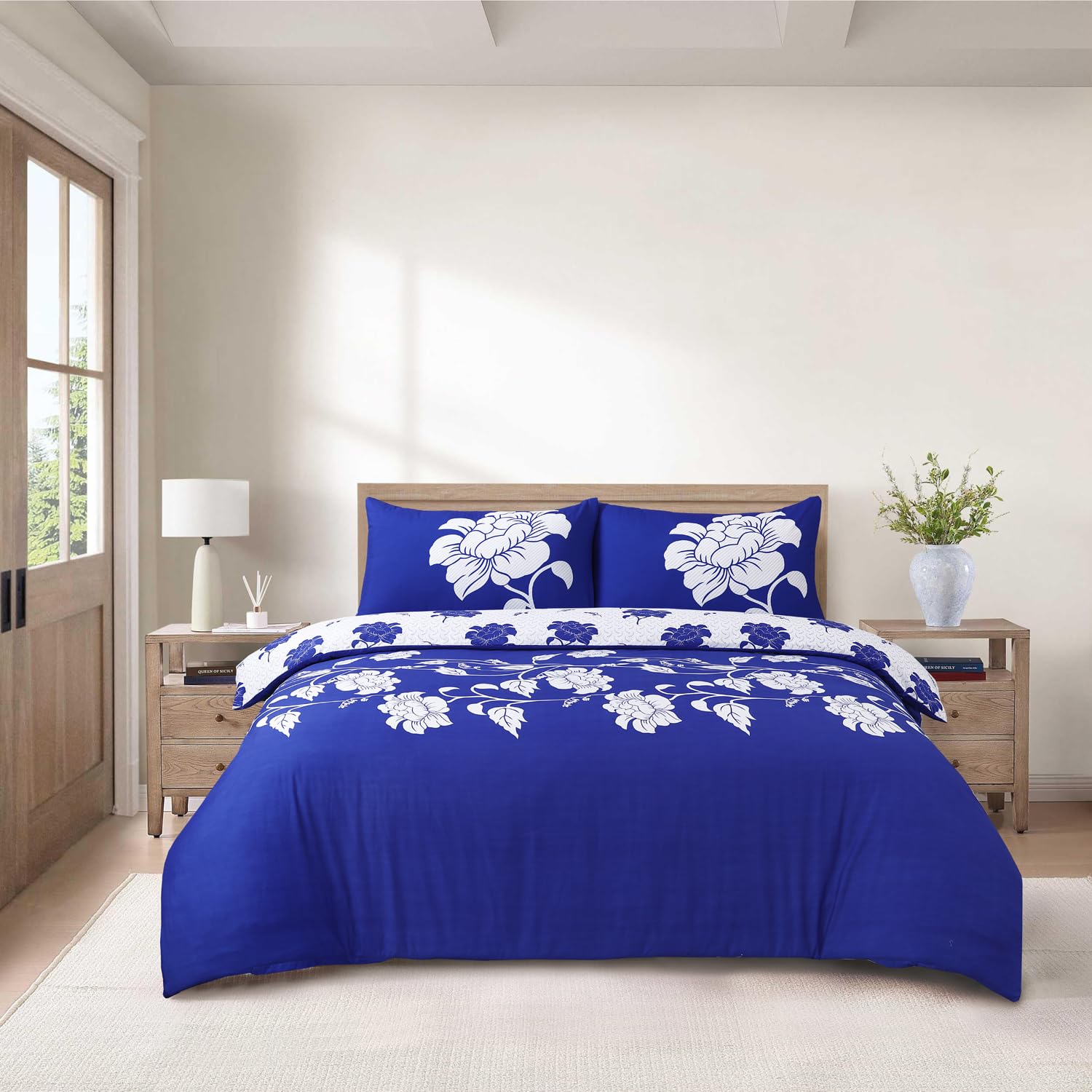 CHARKHAH 4 Piece Reversible Duvet Cover Set, Soft Brushed Microfibre Bedding with Fitted Sheet & 2 Pillowcases, Breathable Anti-Allergy Easy Care – Single, Double, King & Super King