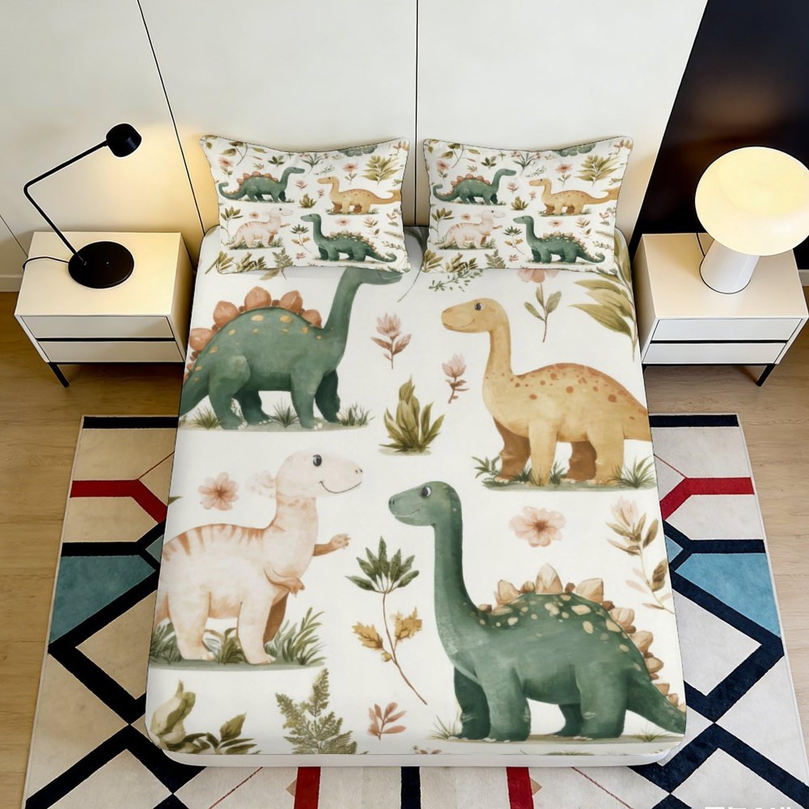 3D Printed Dinosaur Forest Fitted Sheet Microfiber Soft Anti-Slip Cartoon Animal Bed Sheet for Bedroom Dorm Decor 90x200x25cm