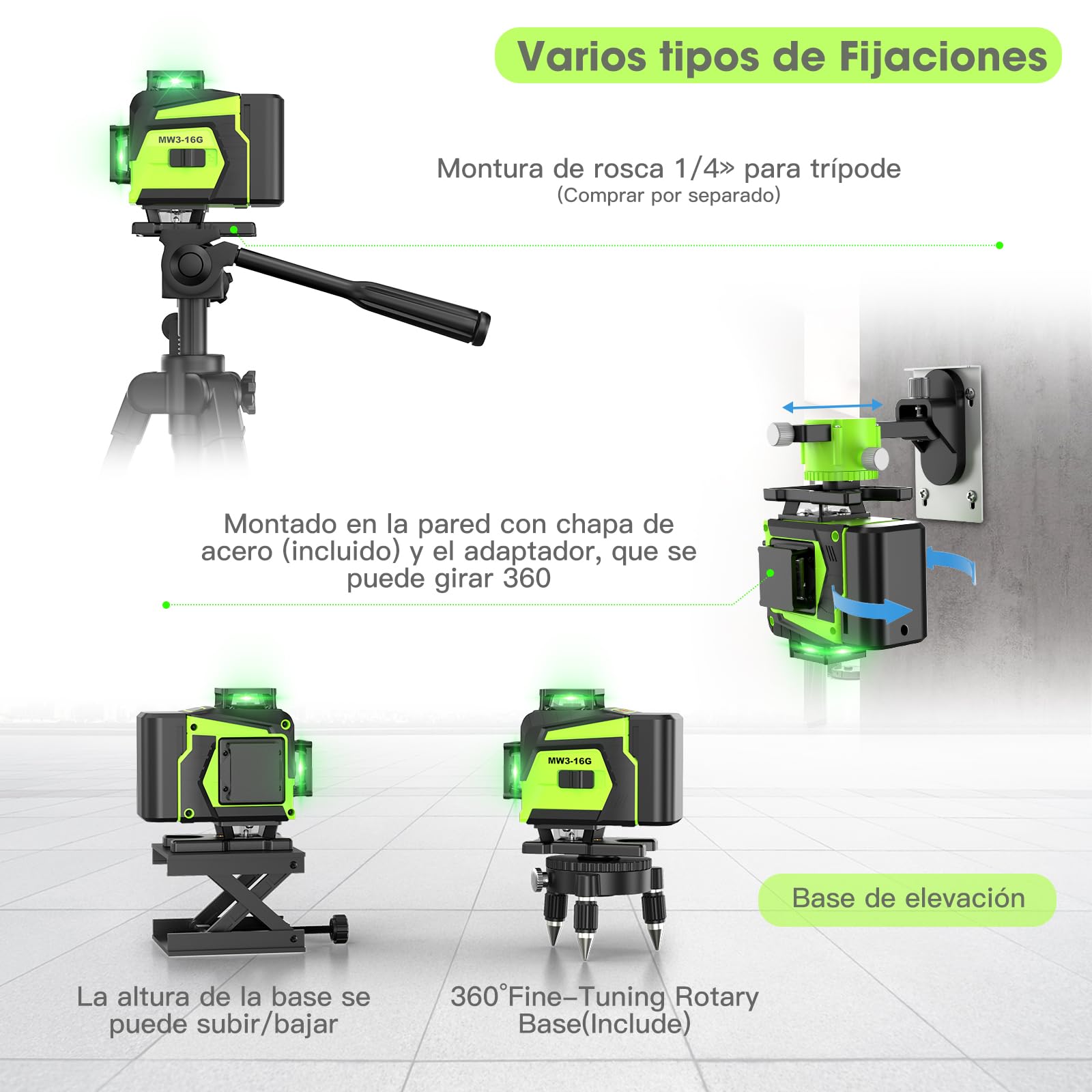 Nivel Laser Autonivelante 360 Grados con Trípode, Nivel Láser Verde 16 Líneas, 2 x 360 Horizontal y 2 x 360 Verticales, 2 x Batería, Montaje en Pared, Control Remoto, Base Magnética, Soporte Giratorio