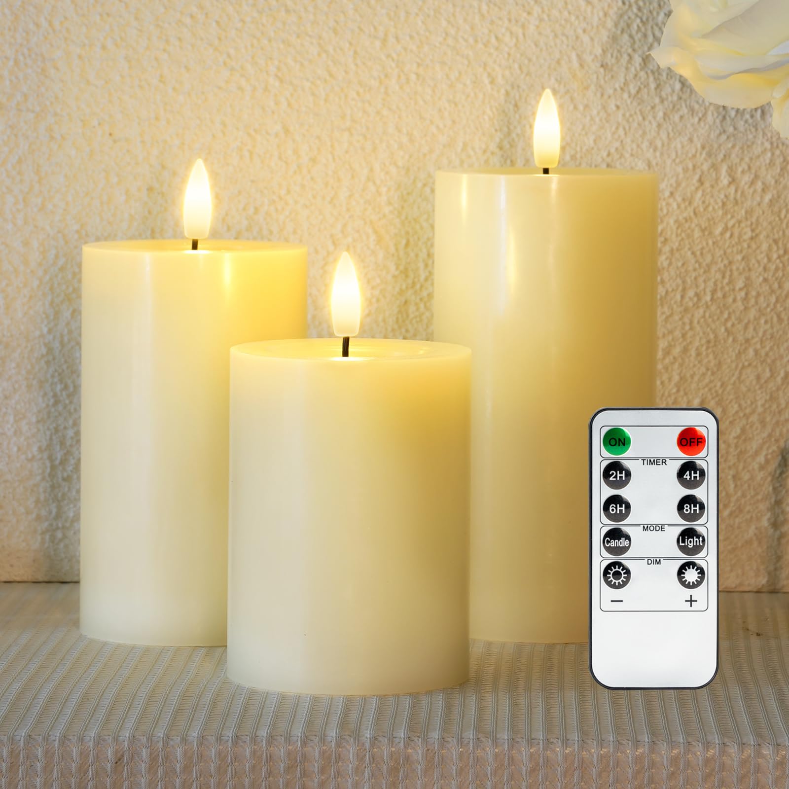 Homemory Real Wax Battery Operated Candles Flickering, Fake Electric Candles with Remote Control and Timer, Led Pillar Candles Candle Grease Design for Indoor Home Decoration, Ivory White, Set of 3