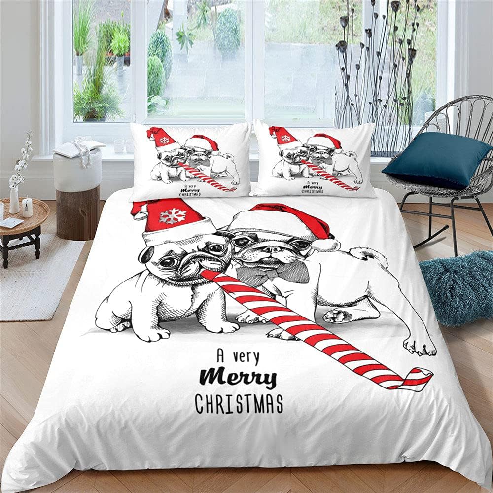 Juego de Ropa de Cama Blanca Navideña 3D 135x200 Cute Pug Dog Kids Funda Nórdica Doble Tamaño King Lujo decoración de Dormitorio Funda de Edredón para Niños Niñas Niños Juego de Edredón,Indi