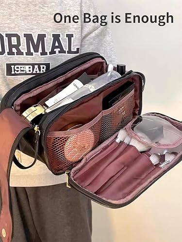Miniatura 5 de ZITEZHGO Bolsa de viaje de maquillaje, bolsas de cosméticos impermeables para mujeres, bolsa de aseo de piel sintética de gran capacidad,