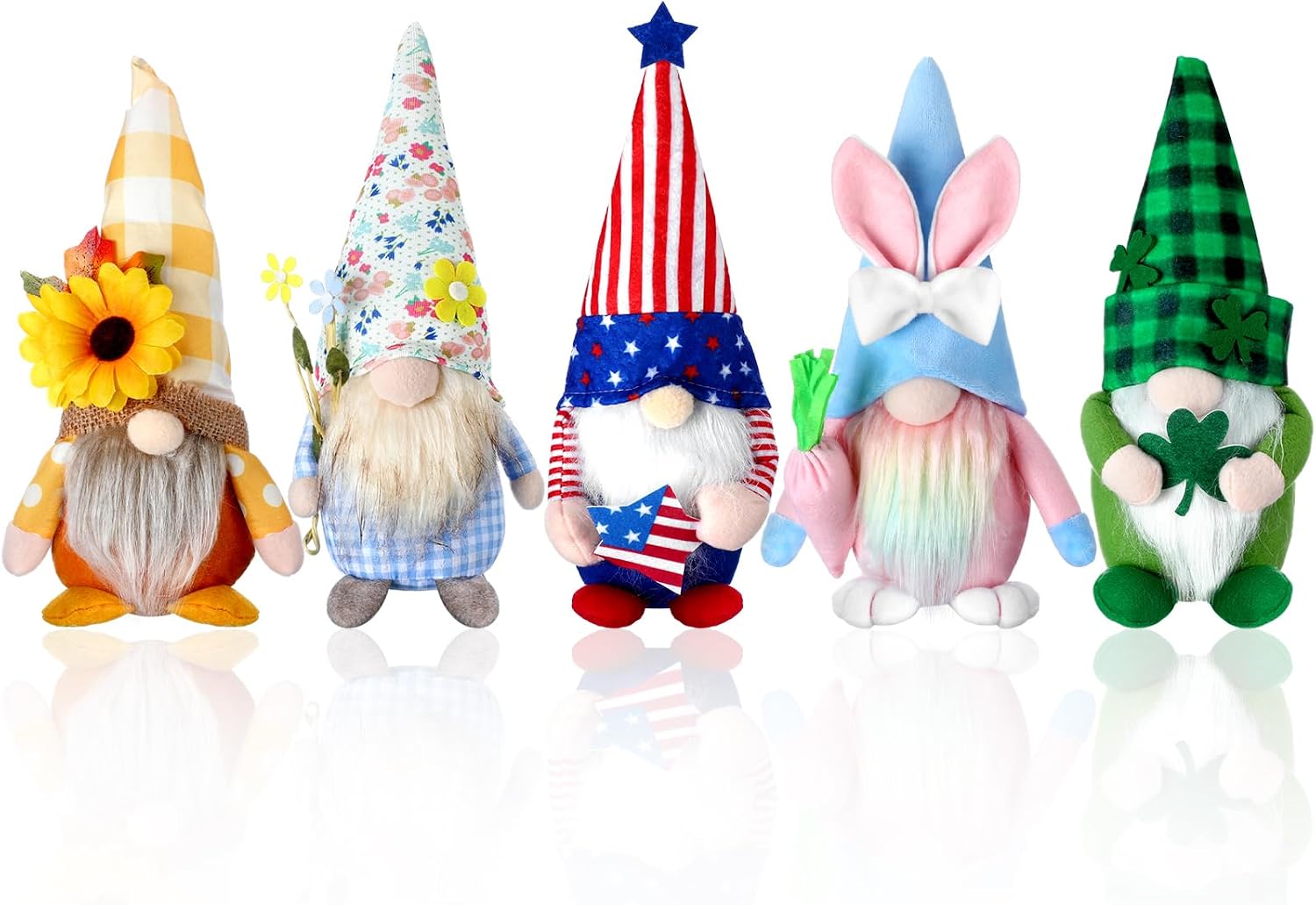Soulchen 5 Pack Holiday Gnome Plush Elf Decorations St Patrick's Day Gnomes Sunflowers Spring Summer 4th of July Ornaments Seasonal Handmade Faceless Leprechaun Plush Tiered Tray Home Kitchen Decor