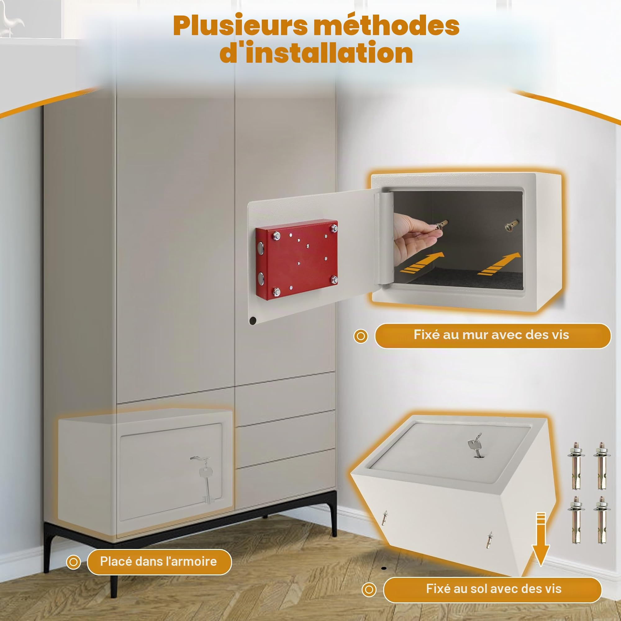 XMTECH Coffre-fort pour meubles avec serrure à double barbe, 2 clés, coffre-fort, coffre-fort, mural, avec matériel de fixation, beige, L - 31 x 20 x 20 cm (l x H x P)