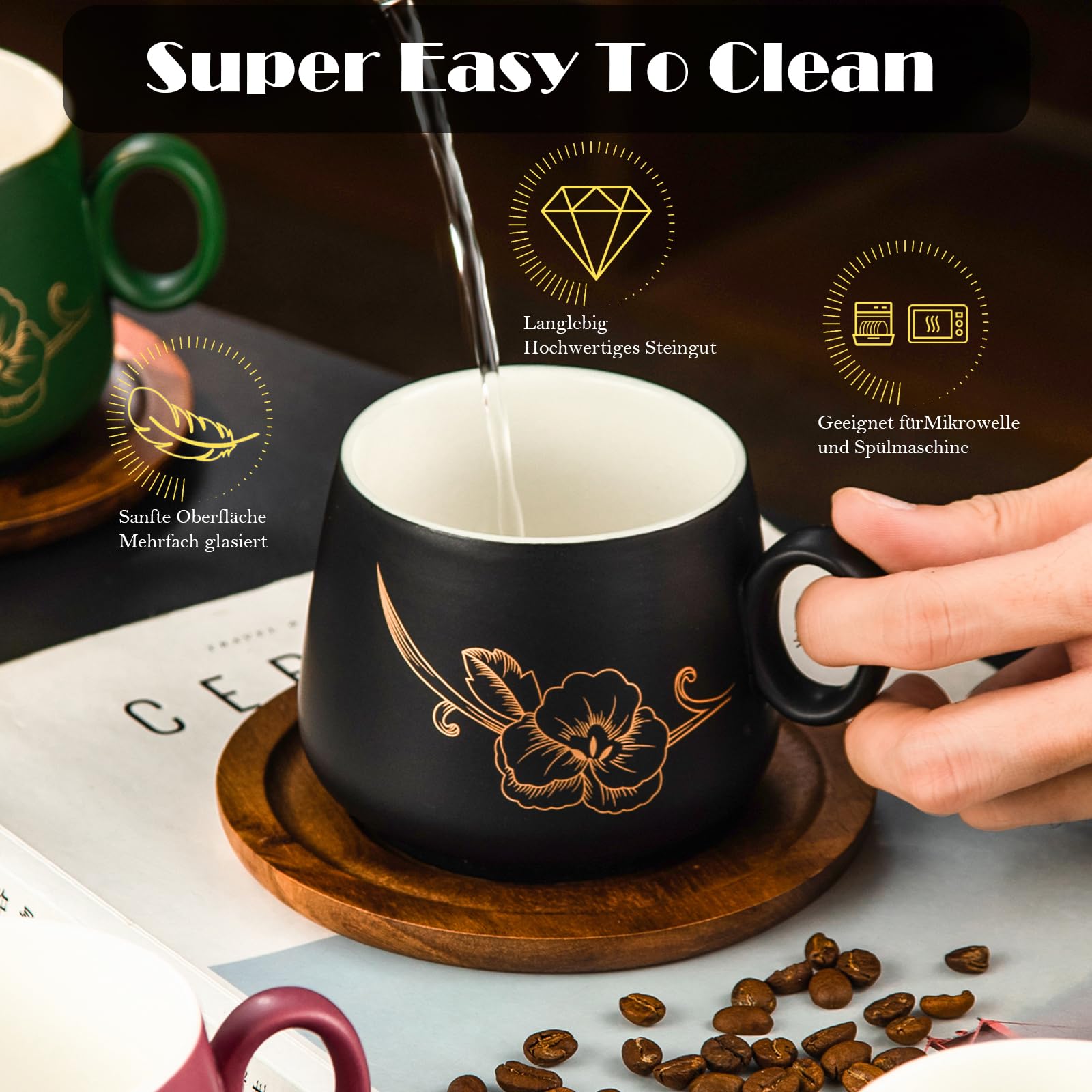 Yundu Matt-Keramik Cappuccino Tassen Set 4er-Set – 300ml Cappuccino Tassen mit Holzuntersetzern & Goldblumen-Design, Kaffeetassen Set mit Untertasse für Latte Art, Espressotassen, Tee