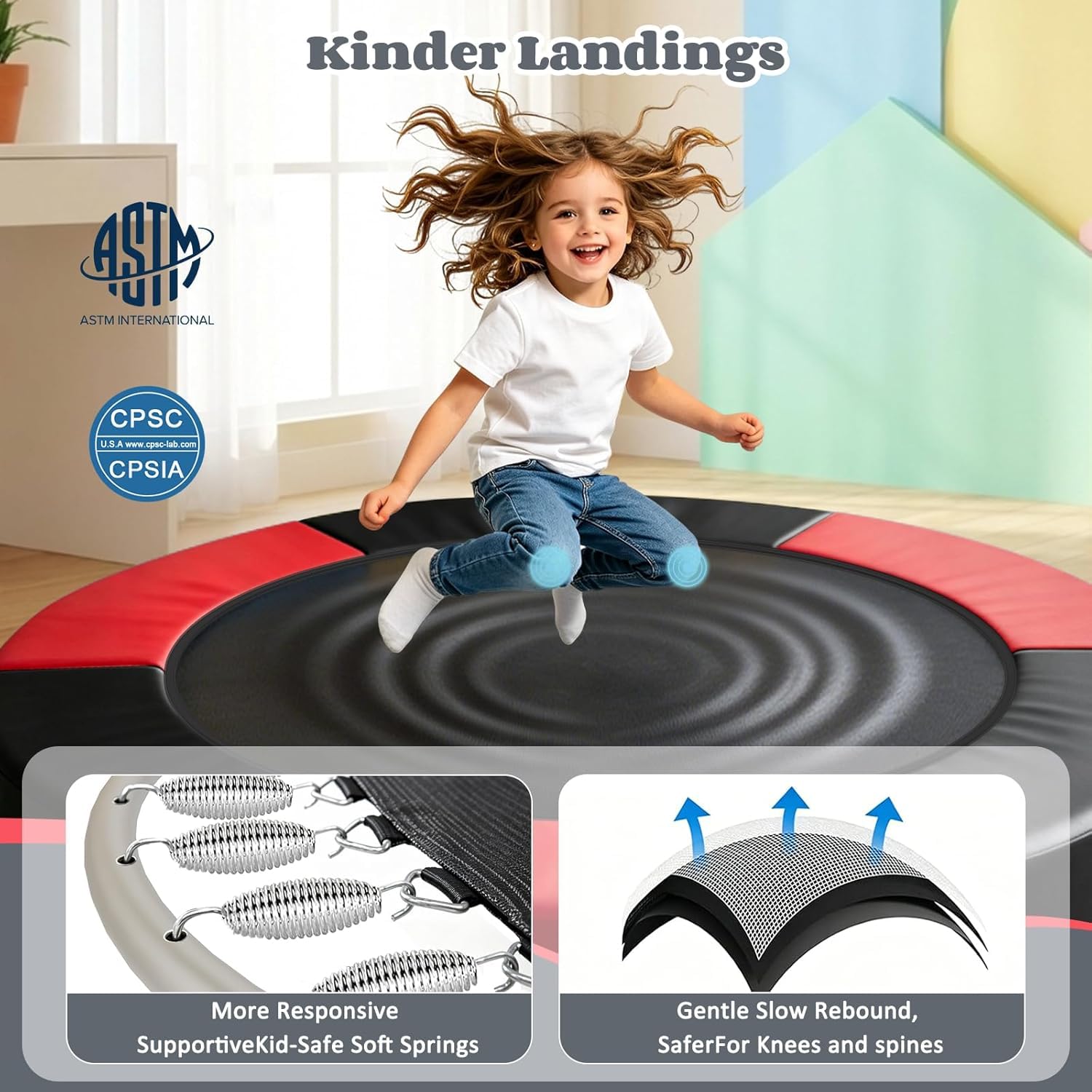 55 Zoll Trampolin für Kinder, 5-in-1 Kleinkind Trampolin Innen & Außen mit Verstellbarer Gymnastikstange und Spielzeug, Geschenk für Jungen und Mädchen 3–8 Jahre