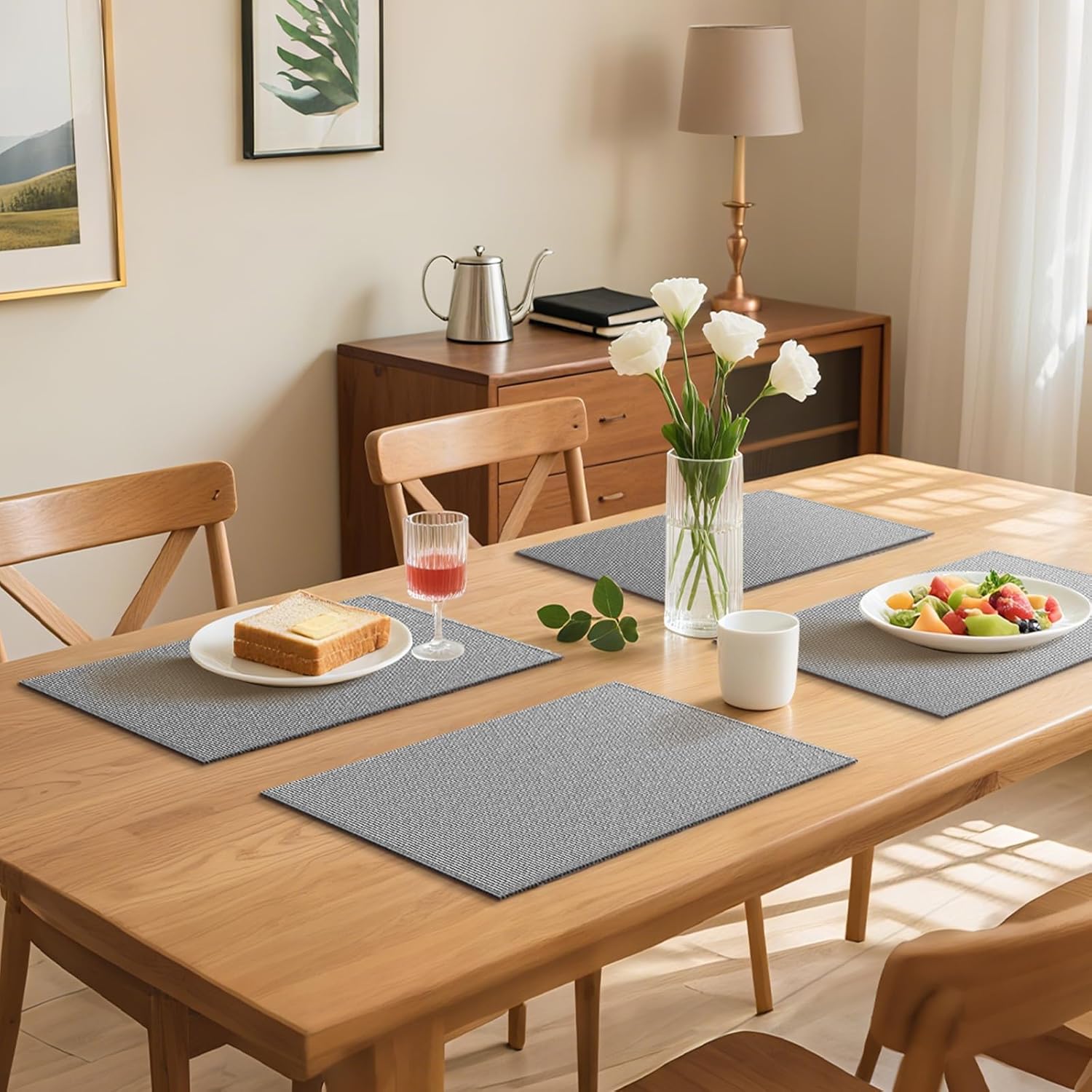 Blue Forest Placemats Set of 6, Dual-Layered Thickened Faux Linen Table Mats Heat Resistant Machine Washable Wrinkle Free Place Mats for Kitchen Dining Outdoor/Indoor (Light Grey)