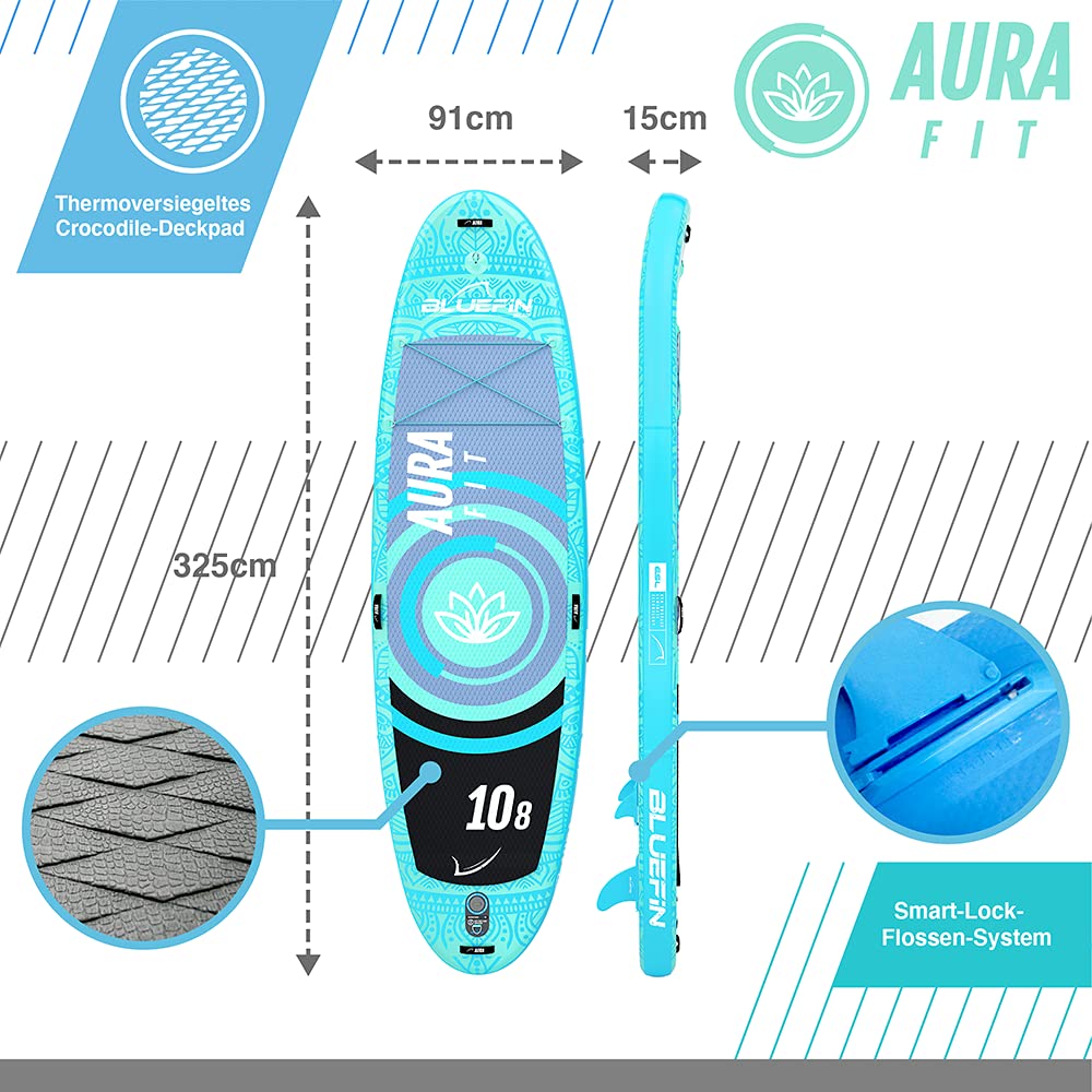Bluefin SUP 10′8″ Aura FIT Stand-up-Paddleboard-Kit | 6" Dick | Fiberglas-Paddel - Fitness- & Yoga-Paddleboard | Aqua-Fitness | Komplettes Zubehör | 5 Jahre Garantie
