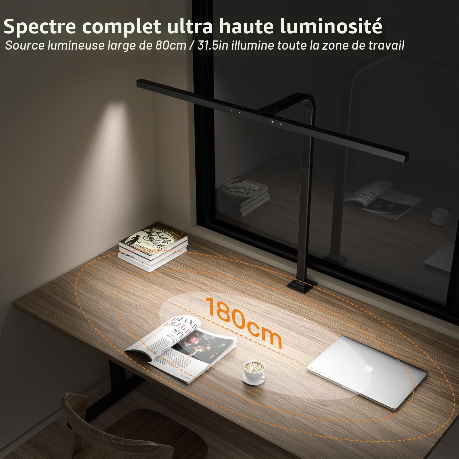EYOCEAN Lampe de Bureau, 24W 80cm Lampe d'Architecte, lampe de travail avec Pince, LED Protection des Yeux, Température de Couleur et Luminosité Réglables, Fonction de Mémoire et de Chronométrage