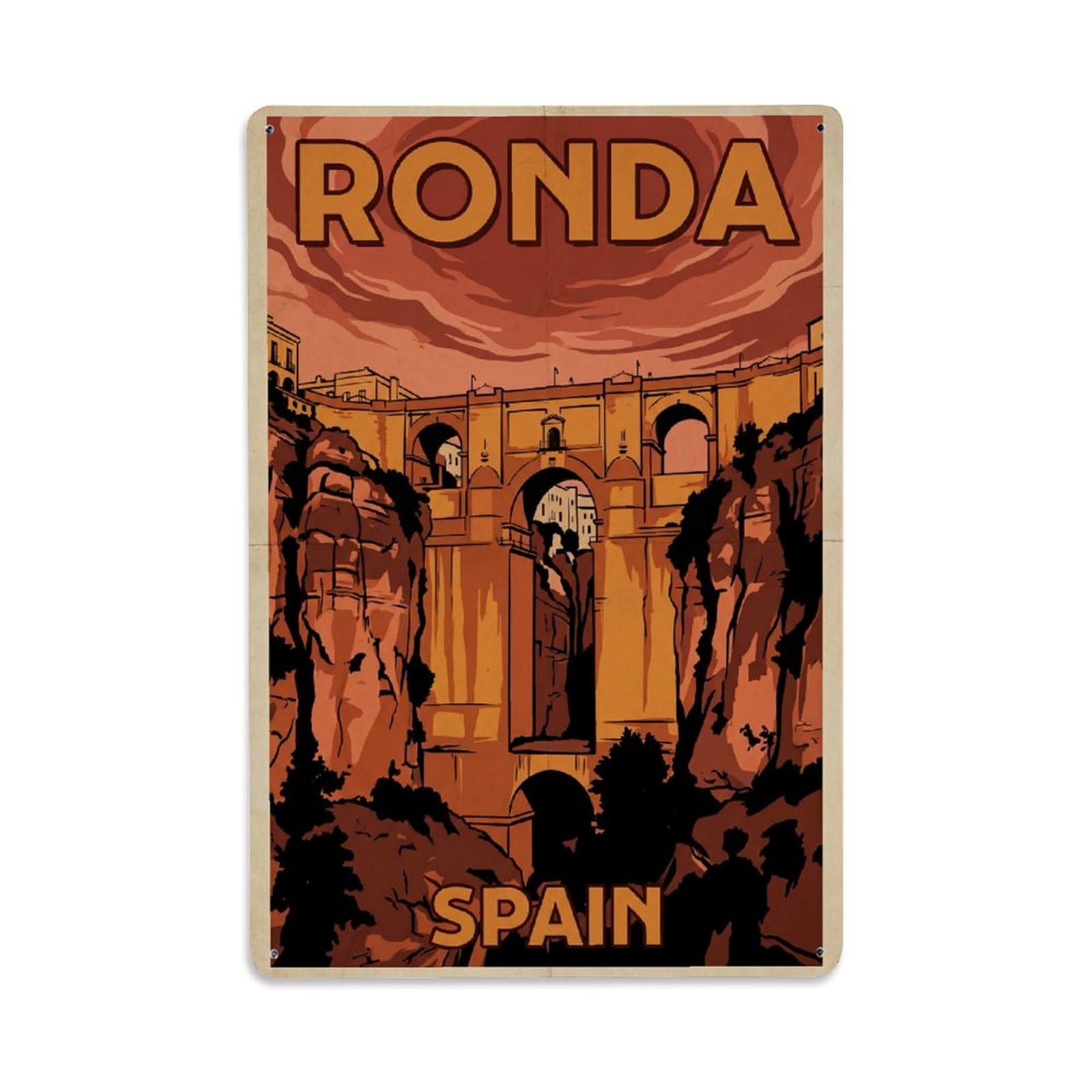 Spain Ronda Vintage Travel Metal Tin Sign Plaque Wall Decor for Cafe, Club Bar, Office, Garden Metal Poster 8x12Inch