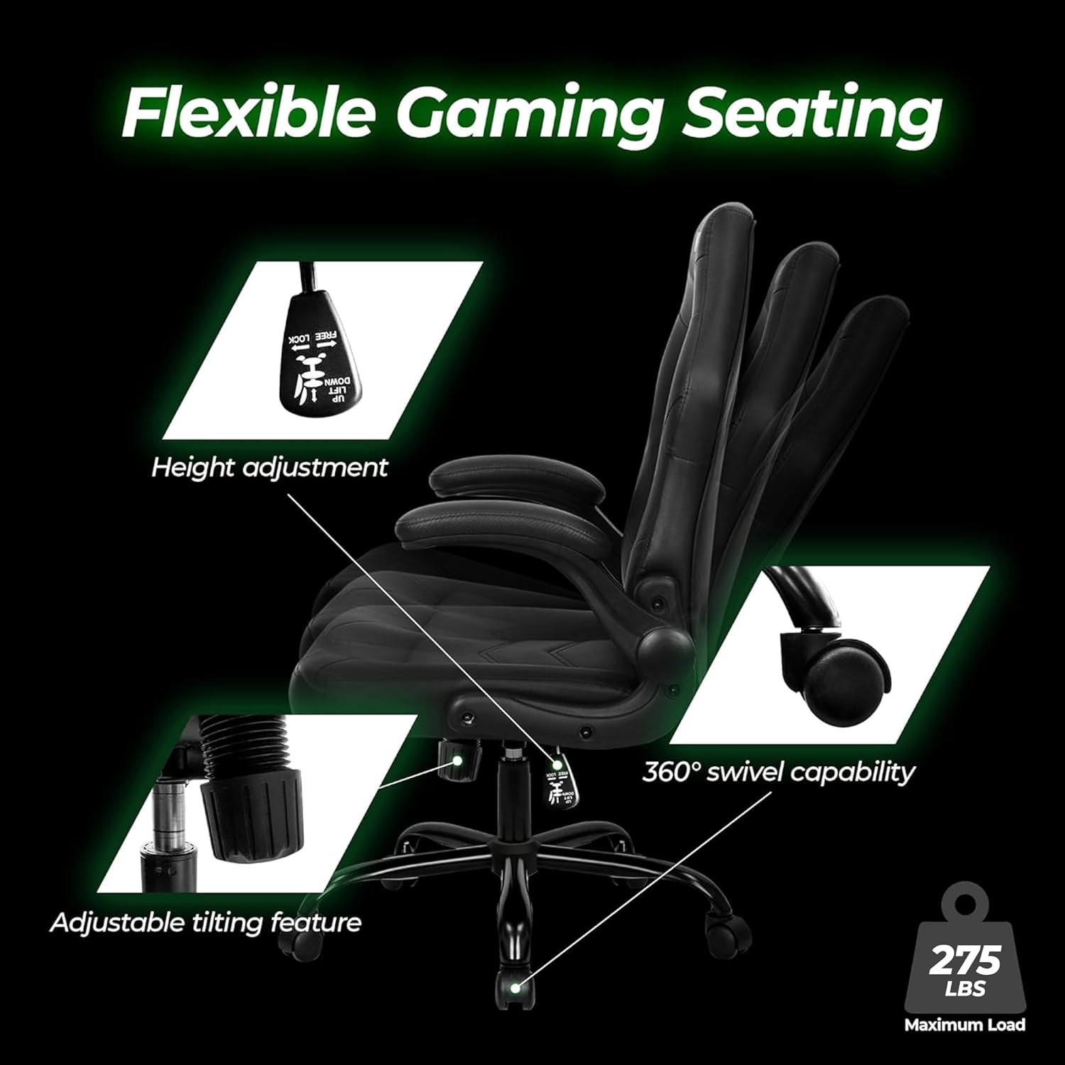 N-GEN GAMING Video Gaming Chair Ergonomic Office Desk Chair with Lumbar Support Adjustable Height Padded Flip Up Arms and Swivel Wheels Racing Style Design for Adults with PU Leather (Black)