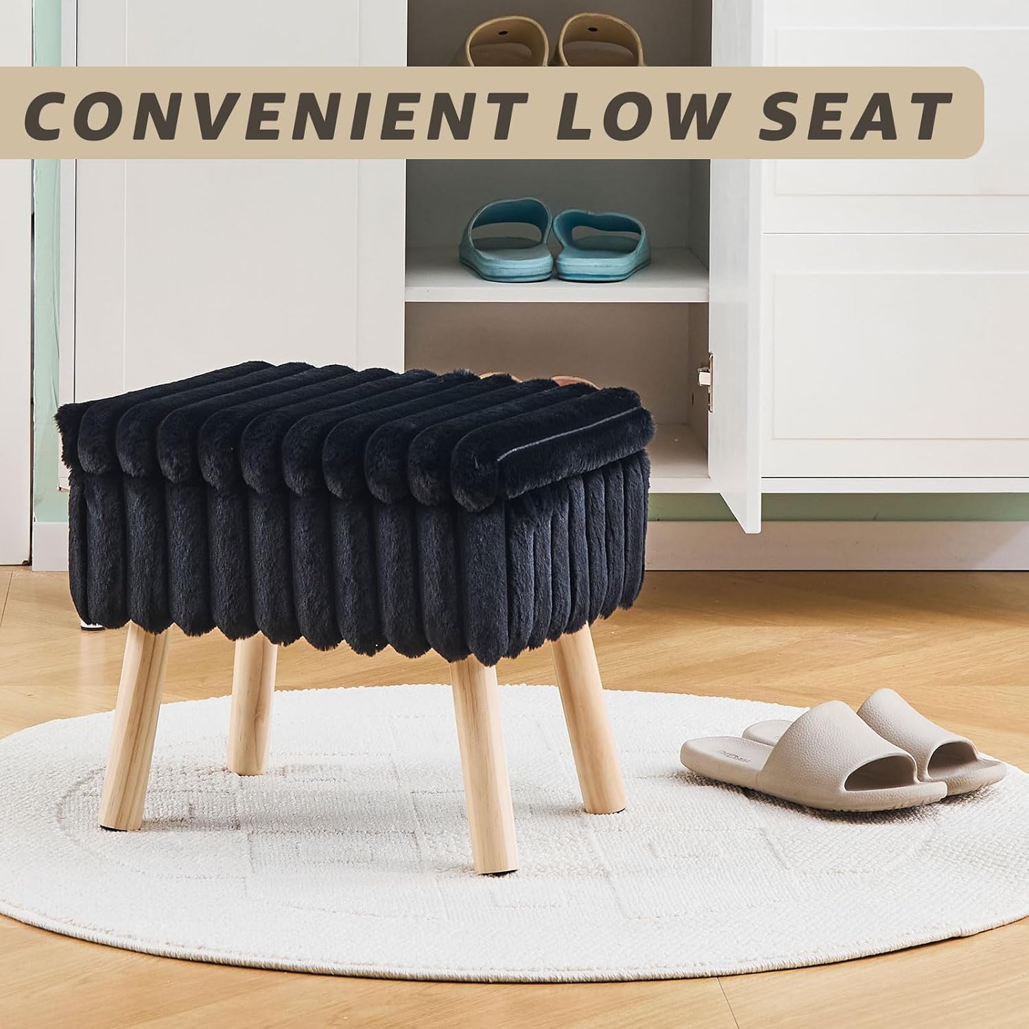 Wimarsbon Storage Ottoman,Soft Faux Fur Footstool with Padded Seat, Small Reading Vanity Chair, Footrest with Wood Tray for Couch, Mini Coffee Table or Display Stand (Black)