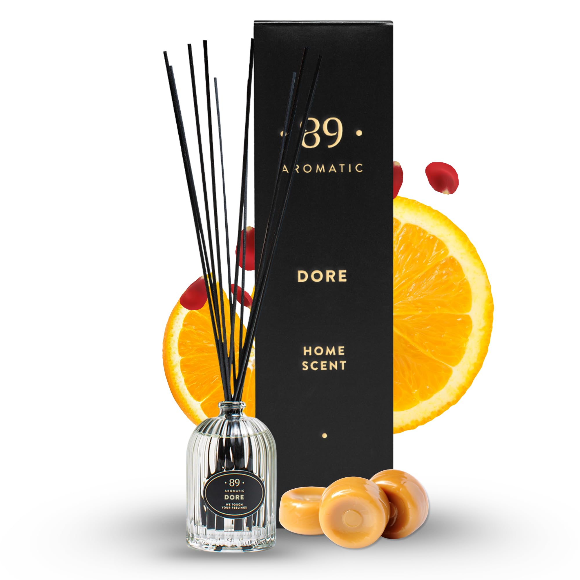 Aromatic •89• Raumduft Diffuser mit 7 Duftstäbchen – Luxus Raumdüfte mit Karamell, Orange & Rose, Raumerfrischer & Raum Duft Wohnzimmer, Büro & Wohnung, Badezimmer Duft Lufterfrischer, Heimdekoration Drogerie & Körperpflege