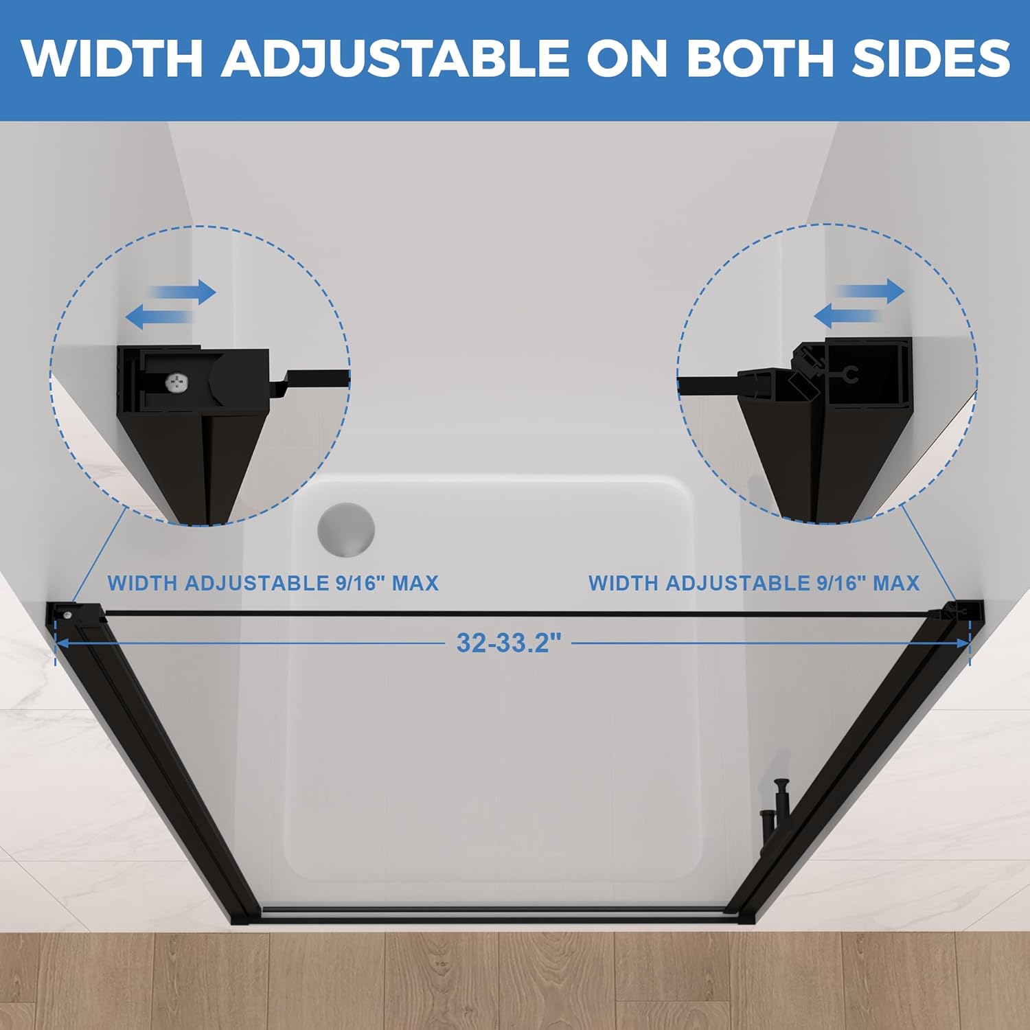 32-33.2" W X 72" H Frameless Pivot Shower Door, Pivot Swing Shower Glass Door with 1/4" (6mm) Clear SGCC Tempered, Reversible Installation Glass Shower Door, Matte Black