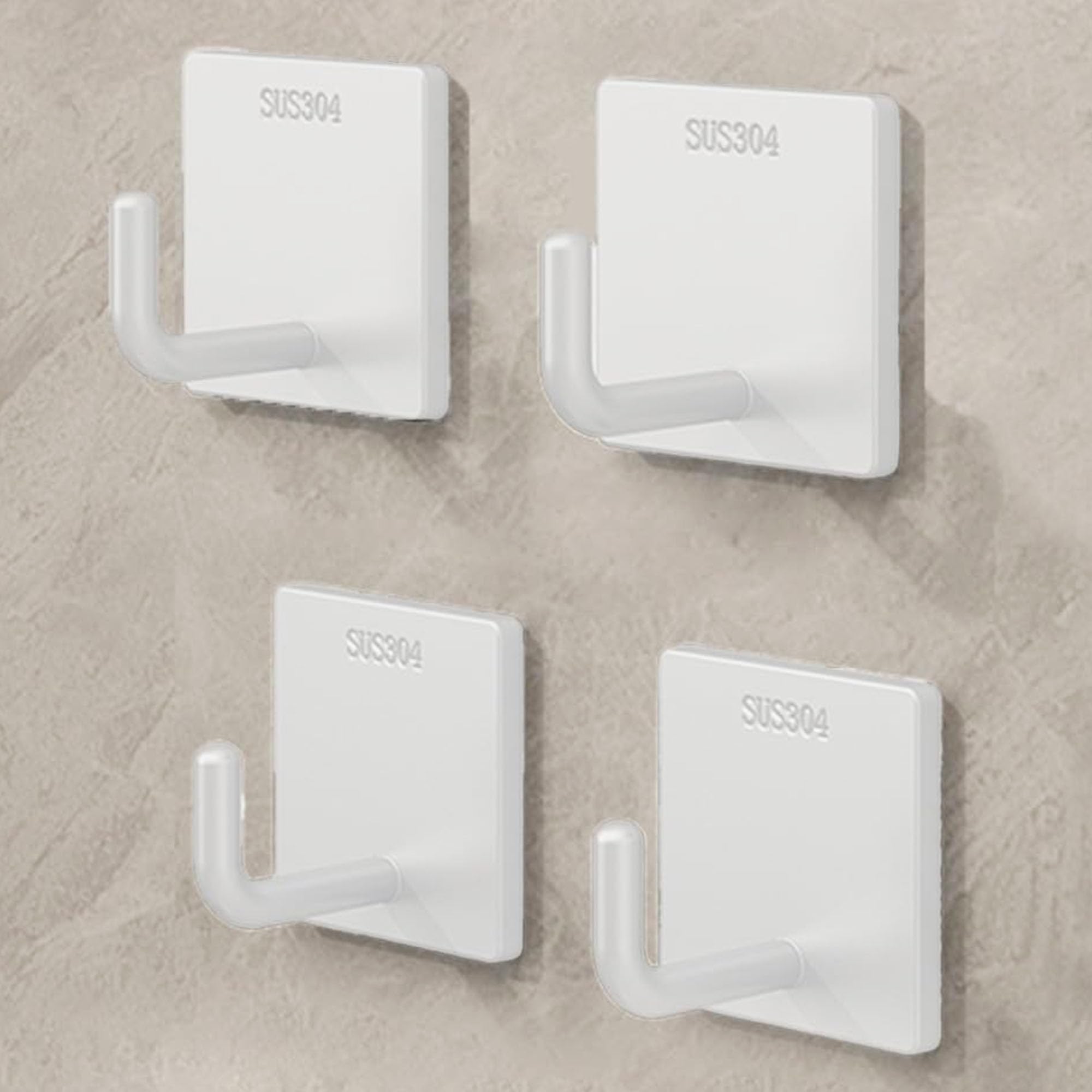 Adhesive Towel Hooks Heavy Duty Wall Hangers 4 Pack, Waterproof Stick-On Towel Holders for Bathroom, Kitchen, or Home Use, Stainless Steel Self-Adhesive Hooks for Hanging, White