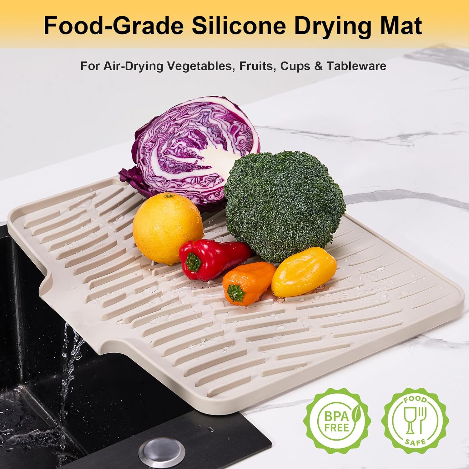 Silicone Dish Drying Mat for Kitchen Counter,Non-Slip Dish Drying Pad with Drain Lip,Heat Resistant Sink drying Mat for Dishes,Large Rubber dish drain mat dish rack mat (Cream,15.8"x13")