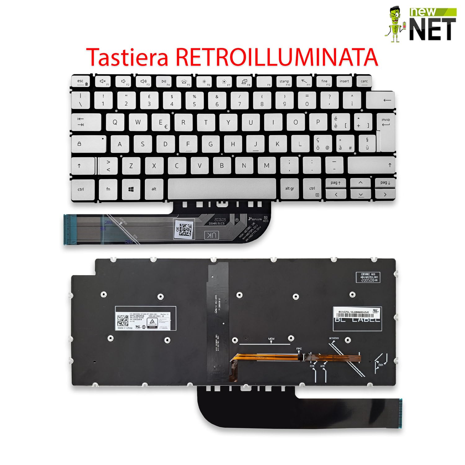 Tastiera compatibile con Notebook Dell Vostro 5301 5390 5391 5401 5402 5490 Retroilluminata Layout ITA Argento
