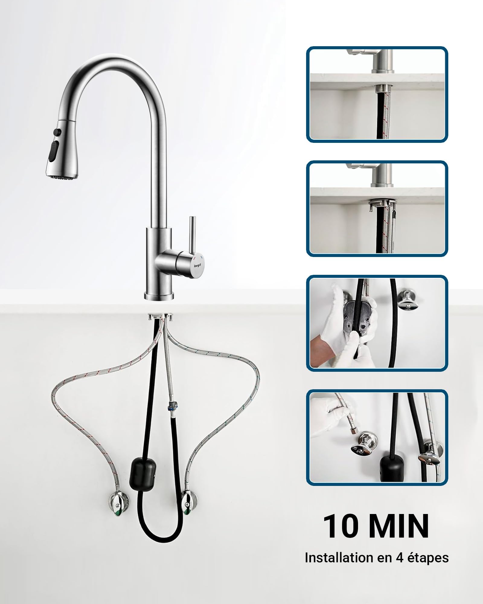 Ibergrif Robinet Cuisine Mitigeur Pivotant 360° Arc Élevé Douchette 3 Modes Pulvérisation Acier Inoxydable