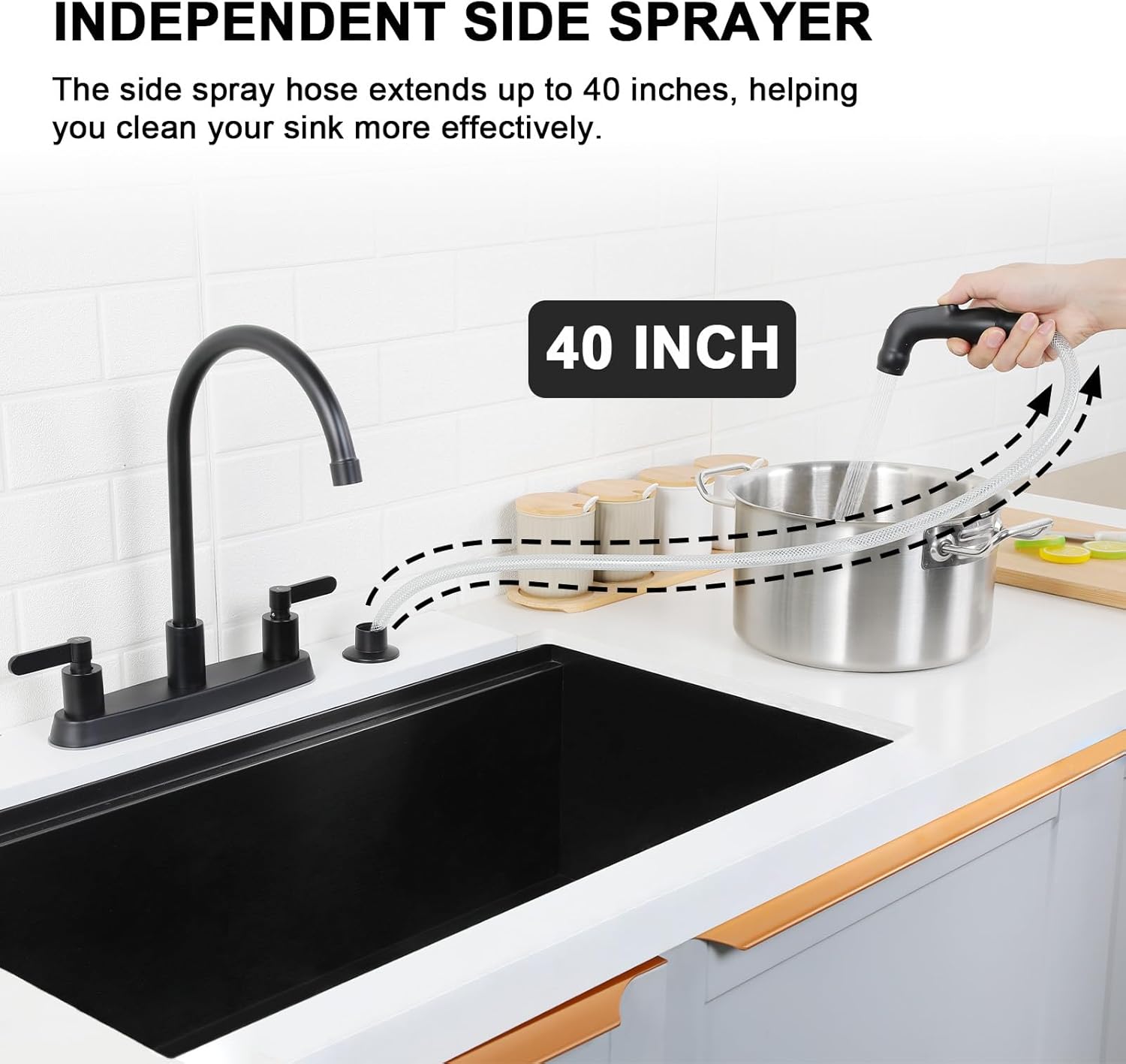 VAPSINT Black Kitchen Faucet with Side Sprayer, Matte Black 2 Handle Faucet for Kitchen Sink with Pull Out Sprayer, Stainless Steel 8 inch High Arc Faucets 3 or 4 Hole for Rv Camper Laundry