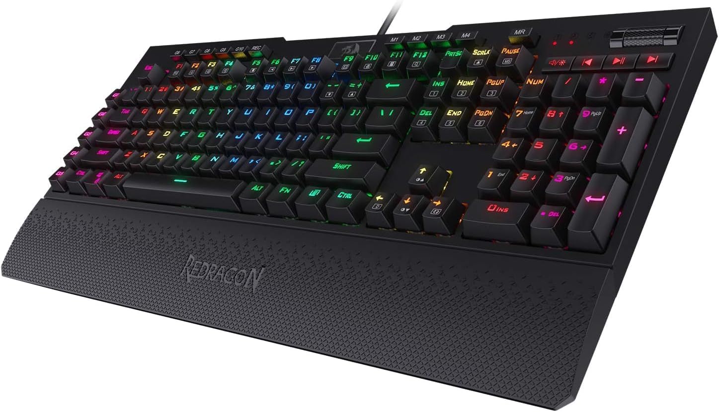 redragon k586 rgb mechanical gaming keyboard, 10 dedicated macro keys, convenient media control, and detachable wrist rest, brown switch