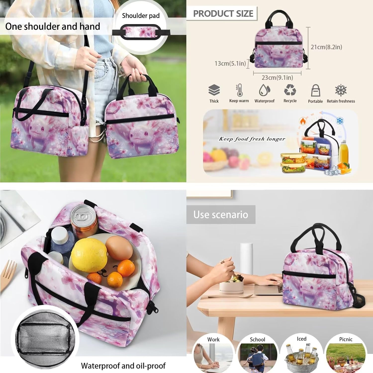 Aesthetic Cherry Blossom Axolotl Backpack for Girls Kids Backpack with Lunch Box and Large Pencil Case 3 Pcs Set 12" Bookbag with Front Pocket Sturdy School Bag with Side Pockets for Toddler