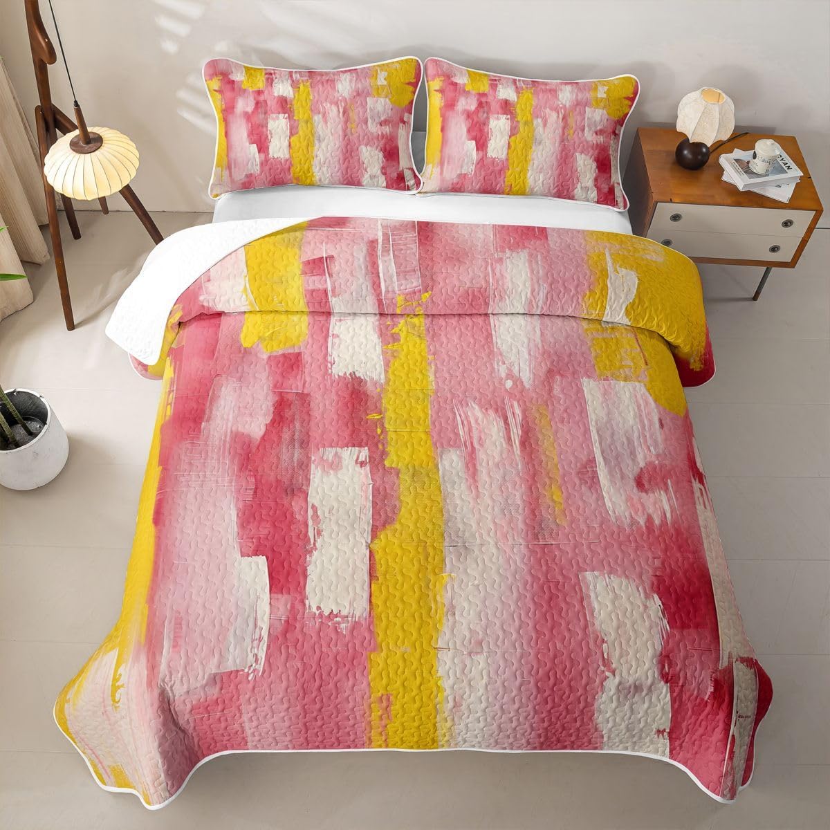 jejeloiu Pink Yellow White Quilt Sets Full Size Modern Abstract Kids Boys Girls Quilts with 2 Pillowcases Soft Geometric Bedspread Coverlet Set Ombre Art Lightweight Bedding