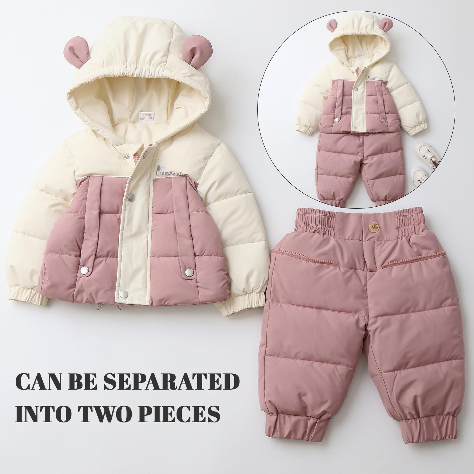 Bébé Fille Combinaison de Neige Détachable Veste Matelassée à Capuche + Pantalons Barboteuse Grenouillère Garçon